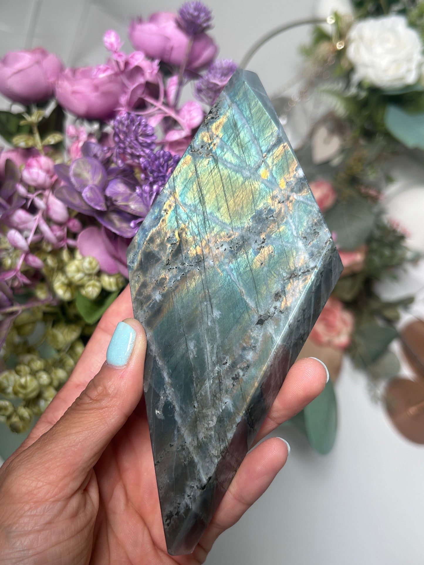 Flashy Labradorite Diamond On Stand 111