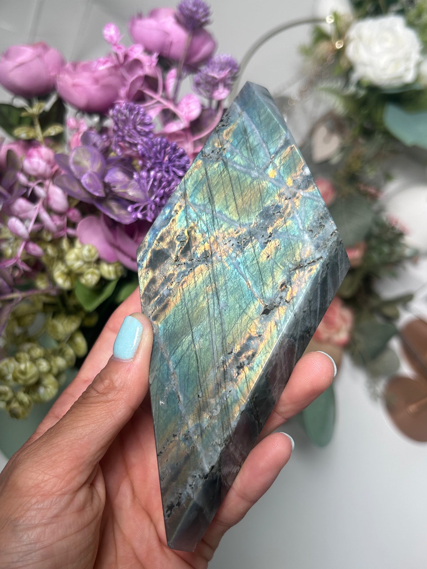 Flashy Labradorite Diamond On Stand 111