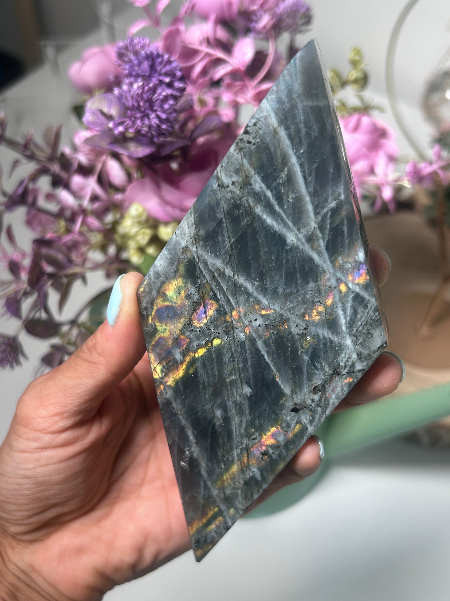 Flashy Labradorite Diamond On Stand 111