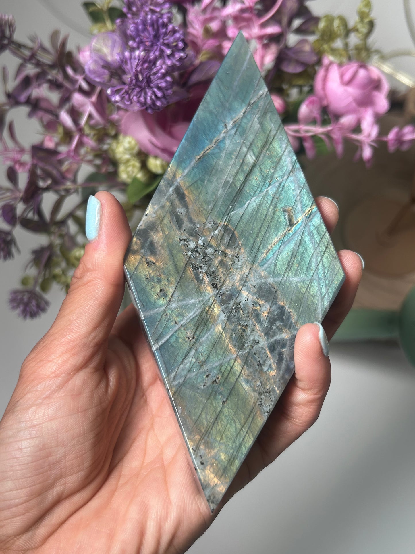 Flashy Labradorite Diamond On Stand 111