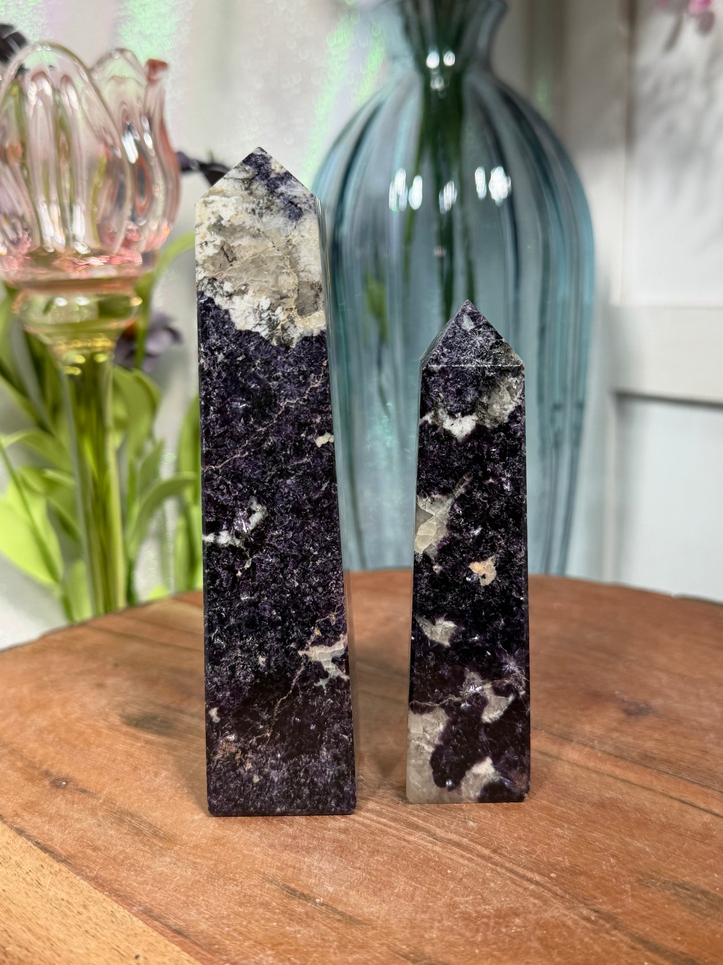 Dark lepidolite with pink tourmaline towers