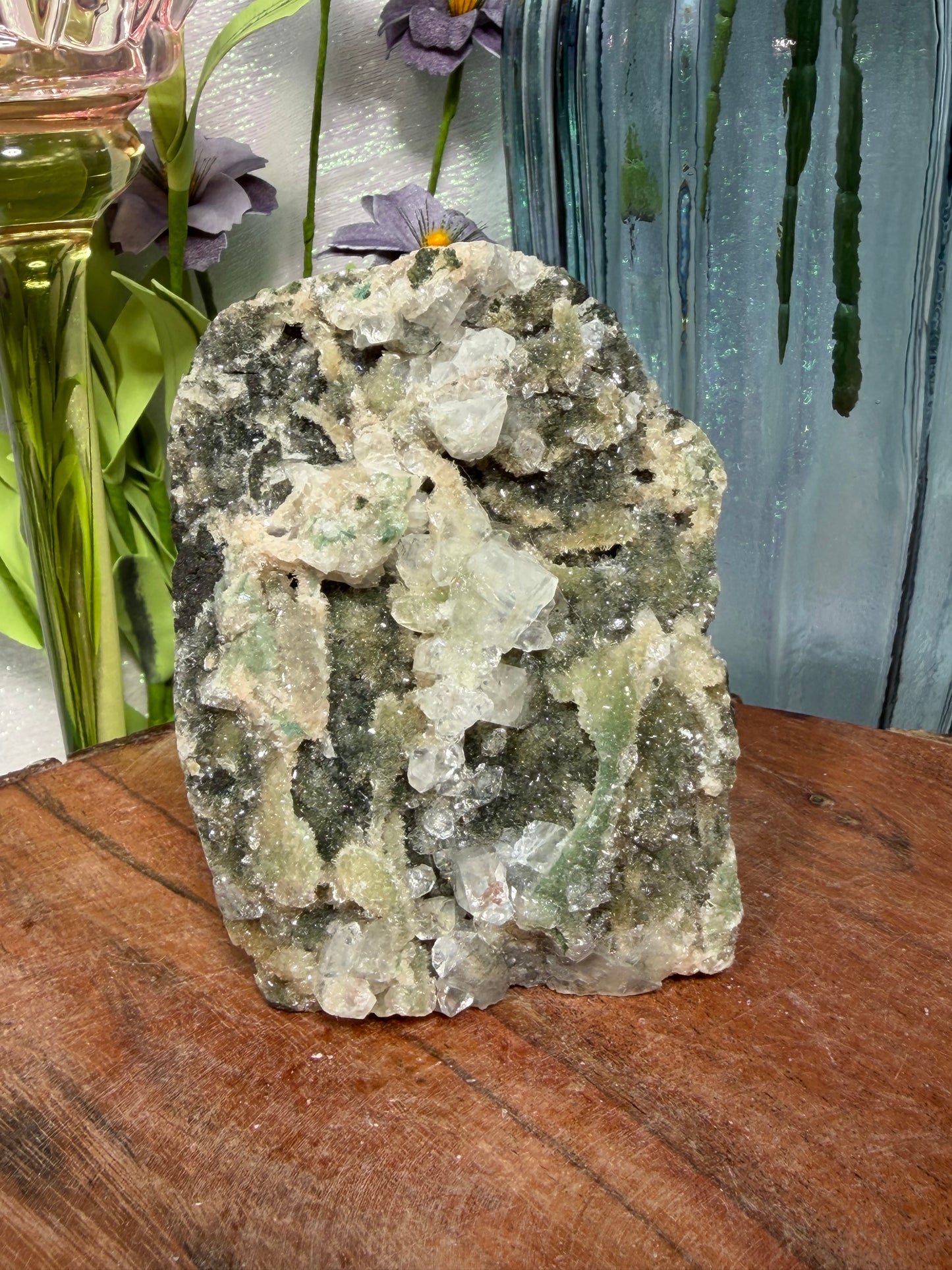 Apophyllite on coated calcite crystal cluster