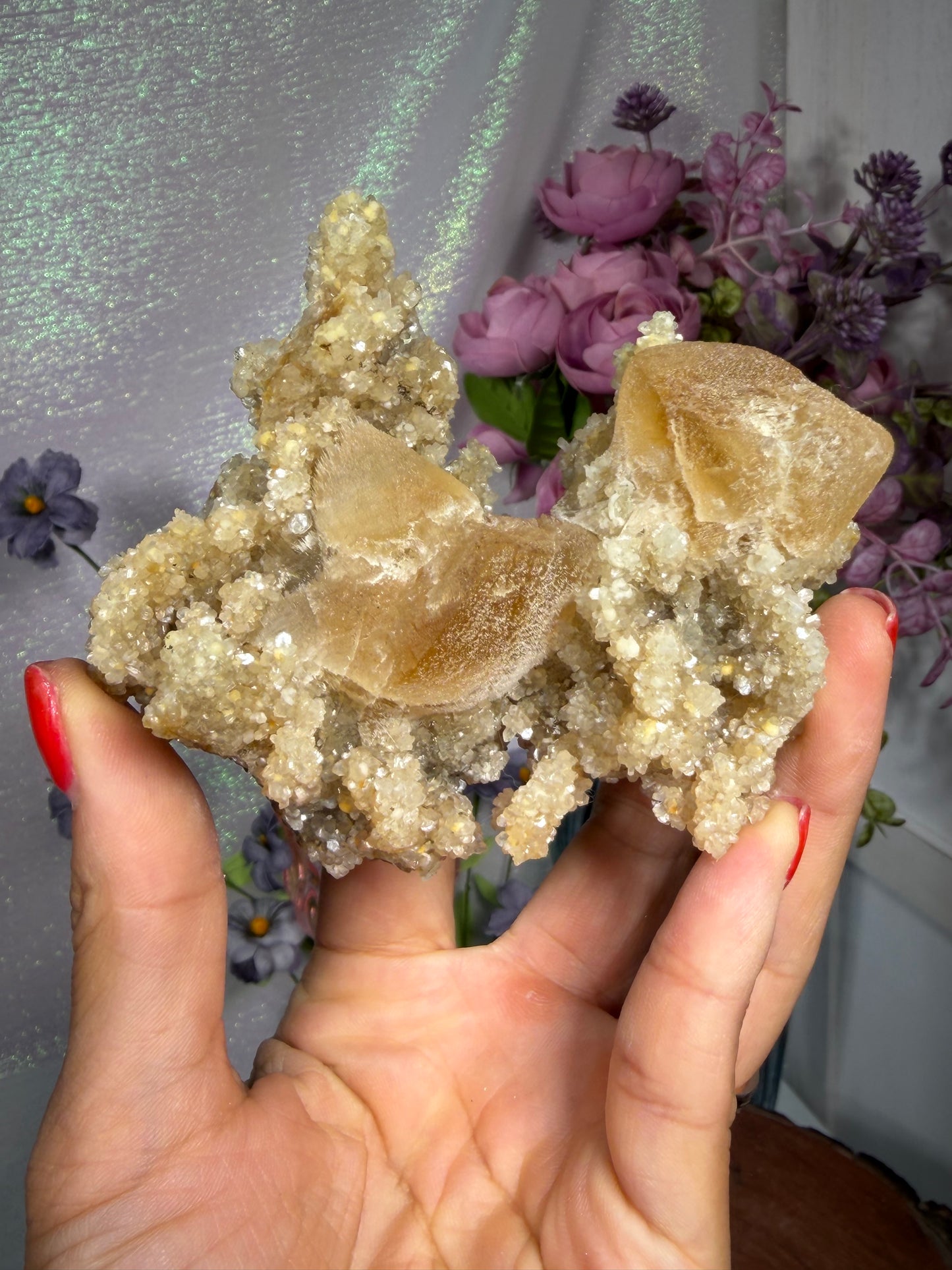 Cubed Golden Calcite on Micro Golden Calcite with Gyrolite