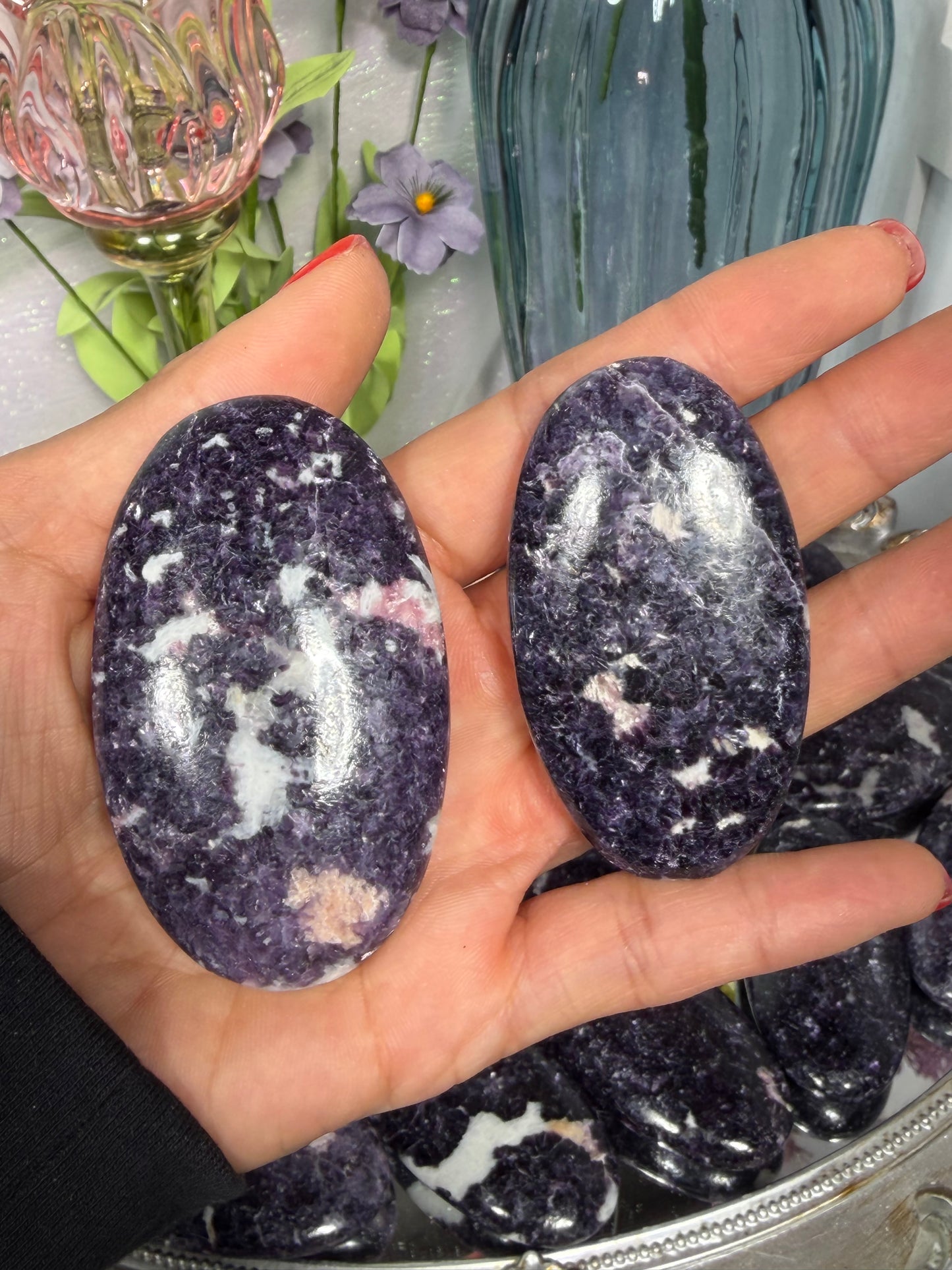 Dark lepidolite with pink tourmaline palms
