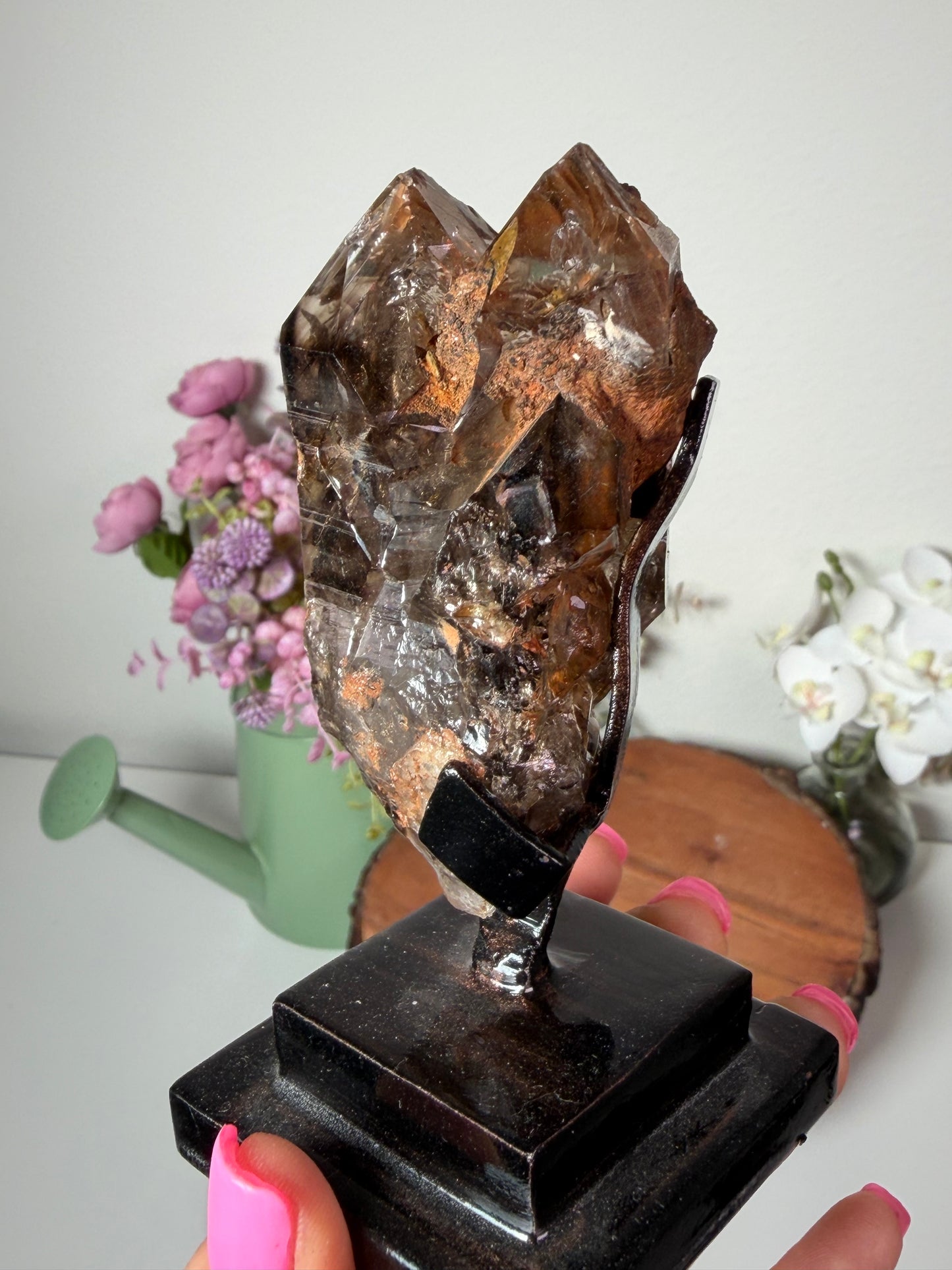 Smoky Elestial Quartz Brazil on custom stand 140