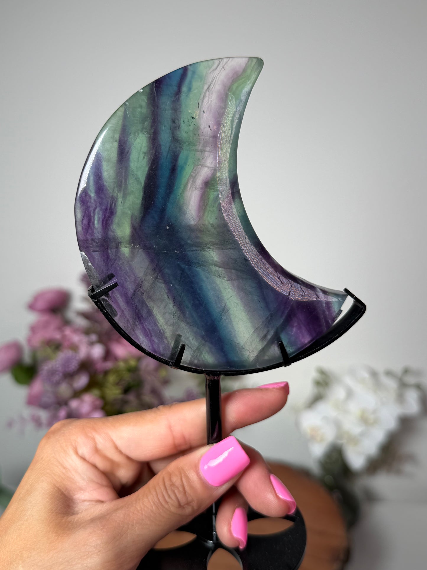 Rainbow Fluorite Moon on Custom Stand 43
