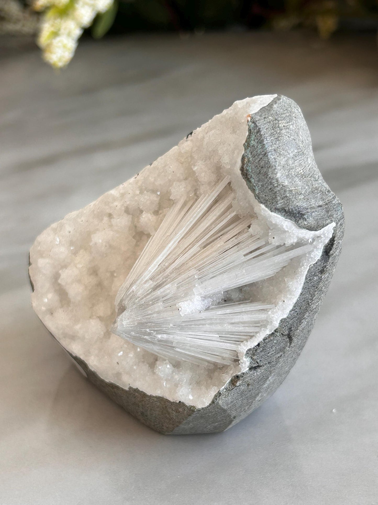 Scolecite Spray inside quartz geode | Natural Scolecite Geode | Fine Scolecite with Heulandite | Natural Crystal Healing | Crystal Gifts-Cluster/Geode Towers-scolecite, heulandite, quartz