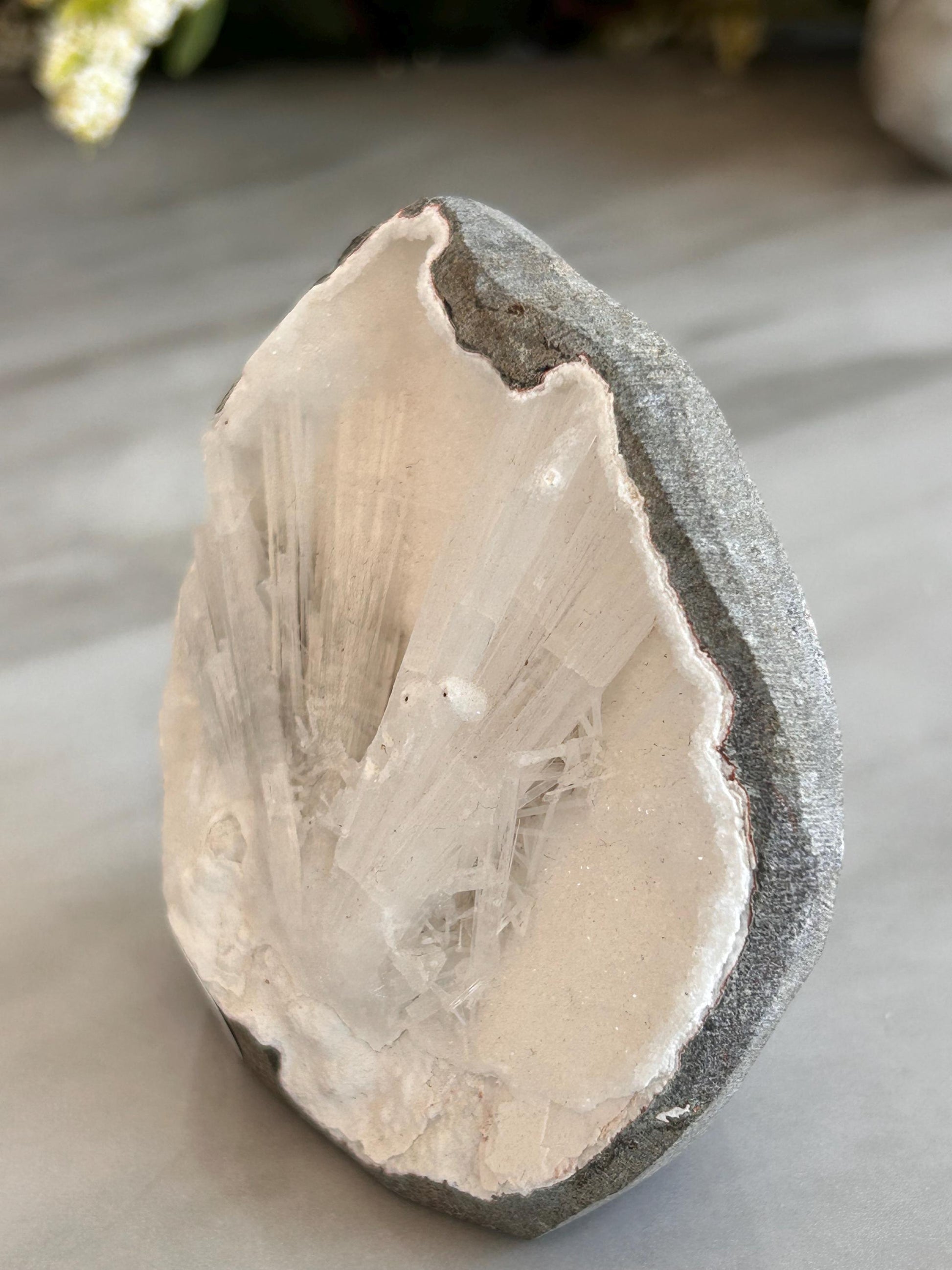 Scolecite Spray inside quartz geode | Natural Scolecite Geode | Fine Scolecite with Heulandite | Natural Crystal Healing | Crystal Gifts-Cluster/Geode Towers-scolecite, heulandite, quartz