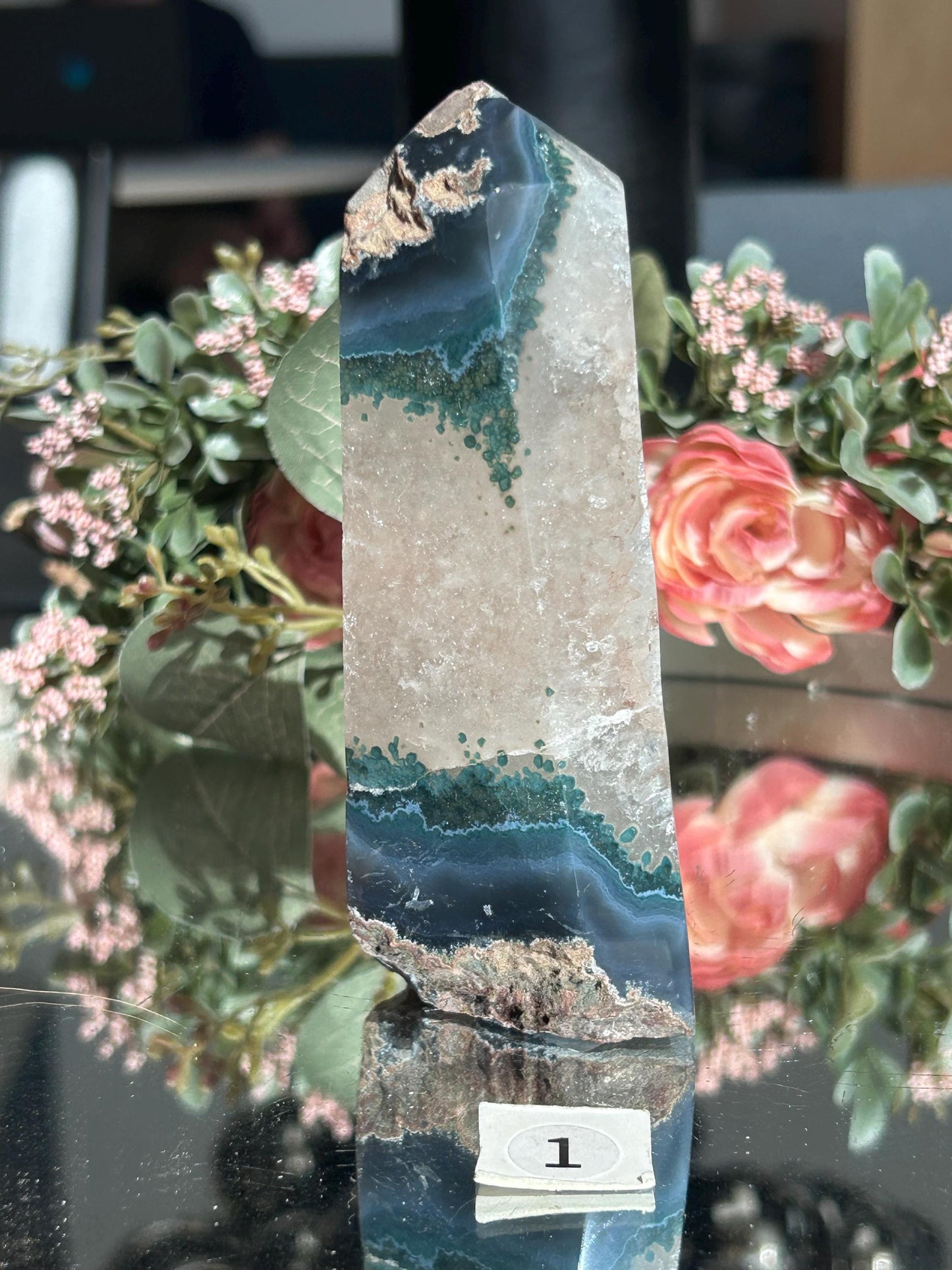 Colorful Druzy Agate Tower, Amethyst Tower with Blue Banding, Druzy Quartz Tower with Green Jasper, Home Decor, Natural Healing Crystal-Cluster/Geode Towers-quartz, agate, amethyst, jasper