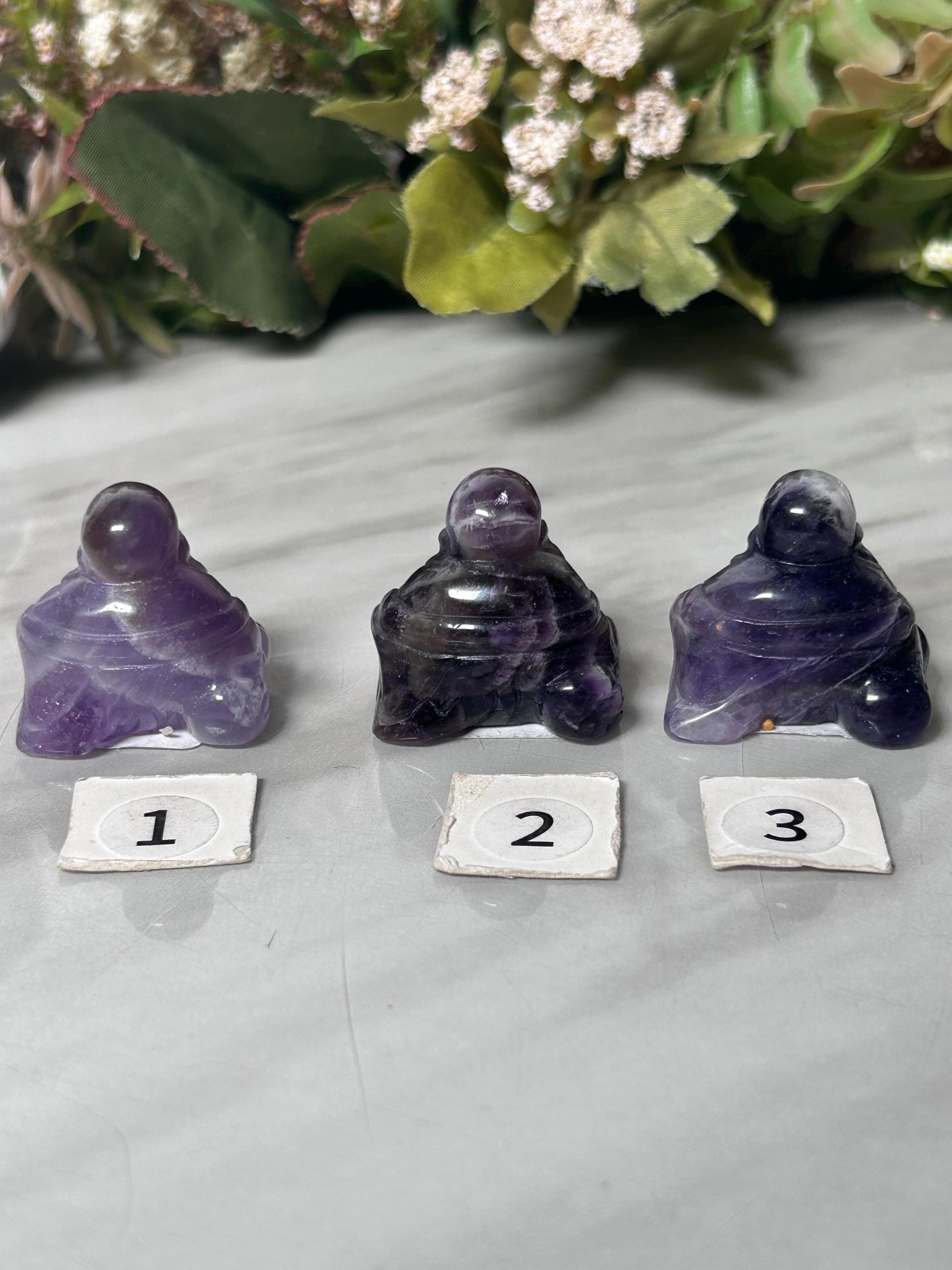 Crystal Buddha Carving | Lucky Laughing Buddha | Happy Buddha | Amethyst Buddha | Clear Quartz Buddha | Flower Agate Buddha-Crystal Carvings-amethyst, clear quartz, flower agate