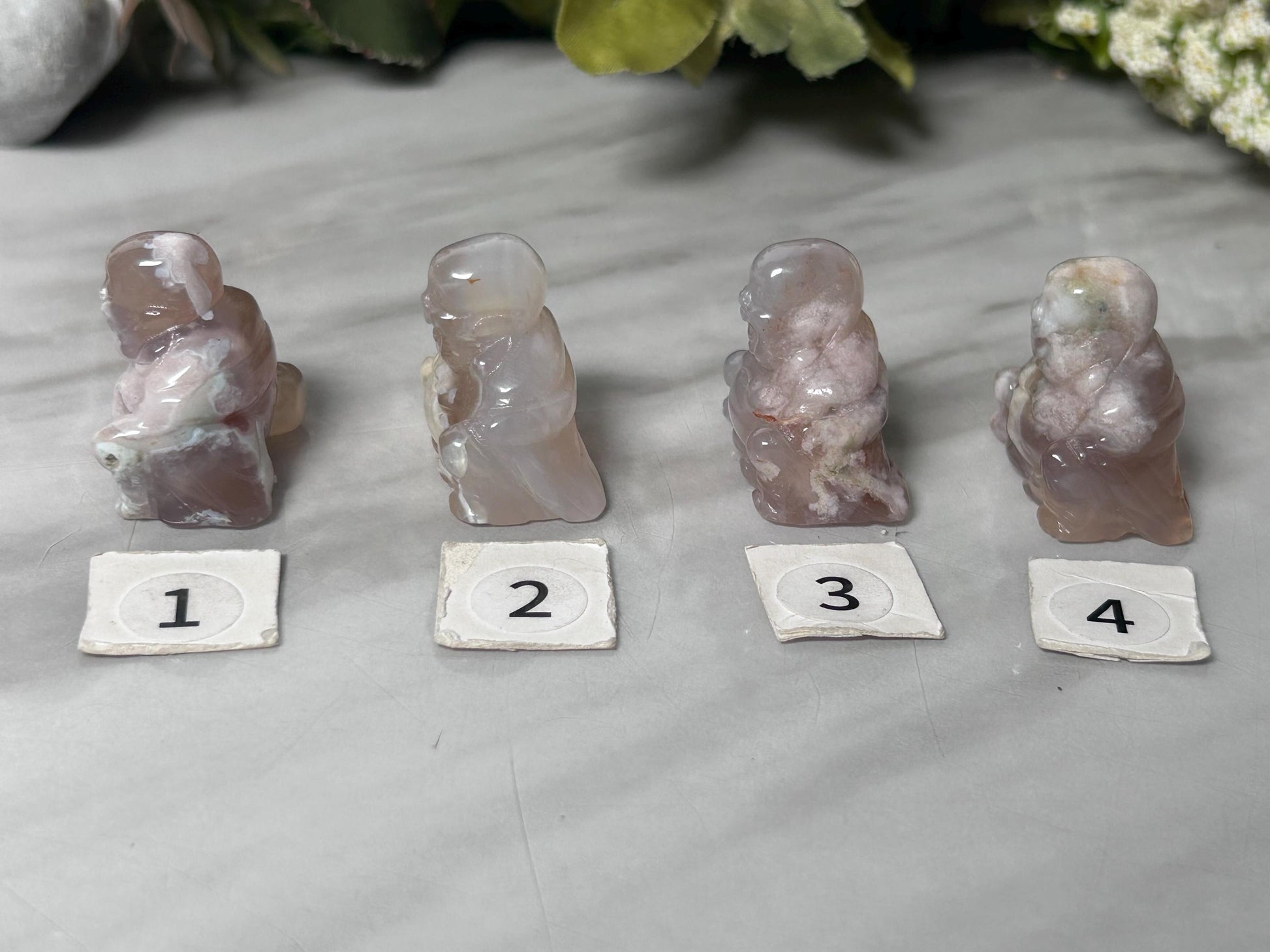 Crystal Buddha Carving | Lucky Laughing Buddha | Happy Buddha | Amethyst Buddha | Clear Quartz Buddha | Flower Agate Buddha-Crystal Carvings-amethyst, clear quartz, flower agate