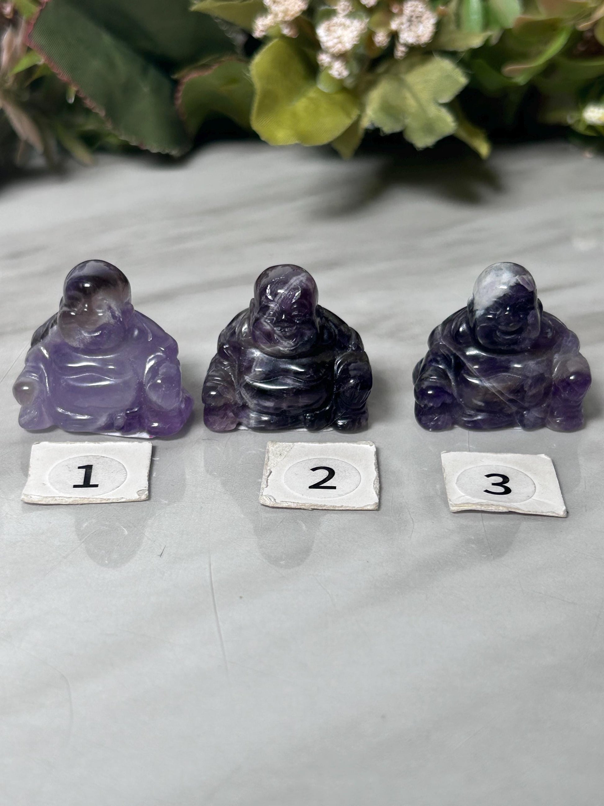 Crystal Buddha Carving | Lucky Laughing Buddha | Happy Buddha | Amethyst Buddha | Clear Quartz Buddha | Flower Agate Buddha-Crystal Carvings-amethyst, clear quartz, flower agate