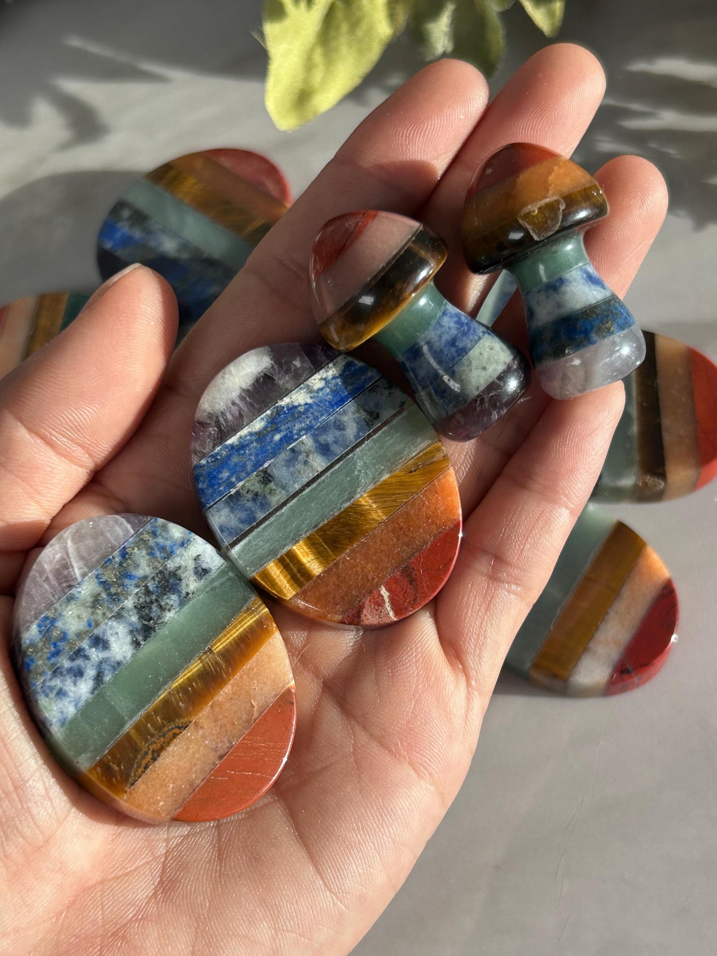 7 Chakra Smooth Palm Pocket Stone | Chakra Polished Mushroom | Healing Crystals Reiki Chakra Gift | Crystal Gift | Crystal Mushroom-Tumbles, Palm Stones-