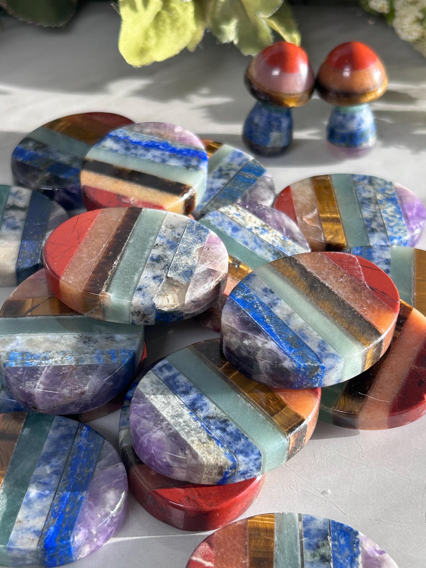 7 Chakra Smooth Palm Pocket Stone | Chakra Polished Mushroom | Healing Crystals Reiki Chakra Gift | Crystal Gift | Crystal Mushroom-Tumbles, Palm Stones-