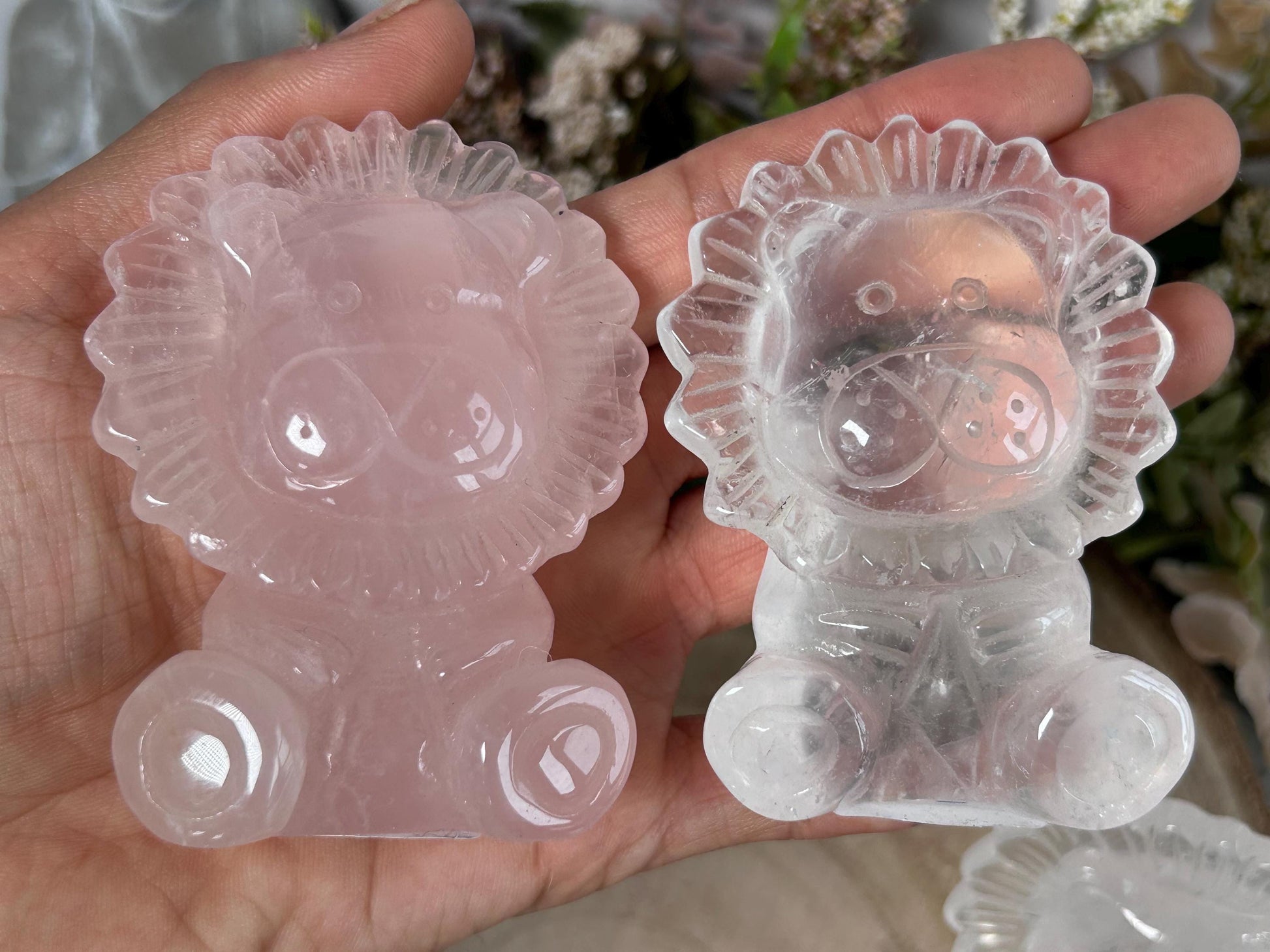 Rose Quartz Crystal Lion Carving, Clear Quartz Lion Carving, Crystal Animal, Crystal Gifts-Crystal Carvings-Rose Quartz, Clear quartz