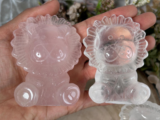 Rose Quartz Crystal Lion Carving, Clear Quartz Lion Carving, Crystal Animal, Crystal Gifts-Crystal Carvings-Rose Quartz, Clear quartz
