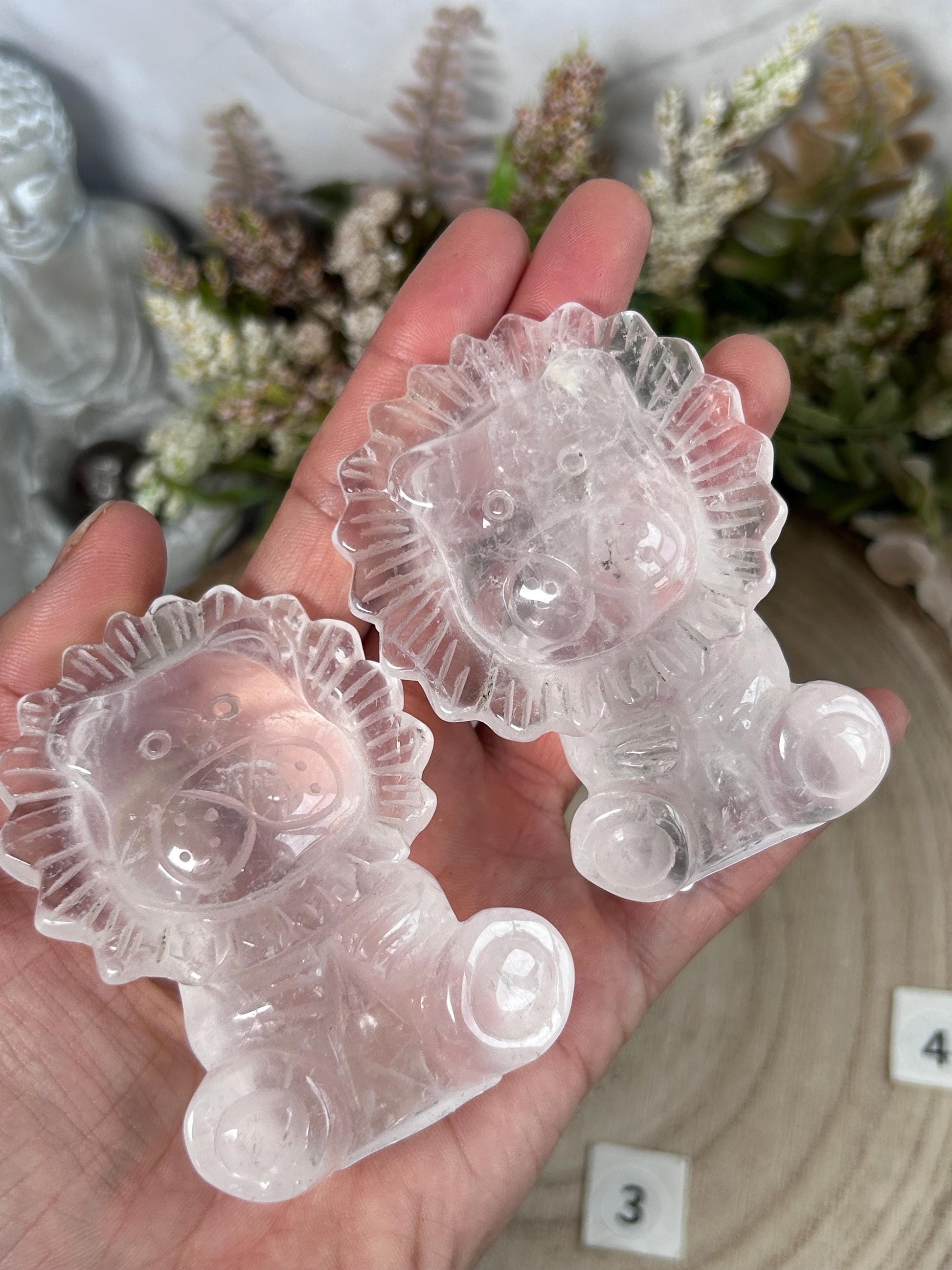 Rose Quartz Crystal Lion Carving, Clear Quartz Lion Carving, Crystal Animal, Crystal Gifts-Crystal Carvings-Rose Quartz, Clear quartz
