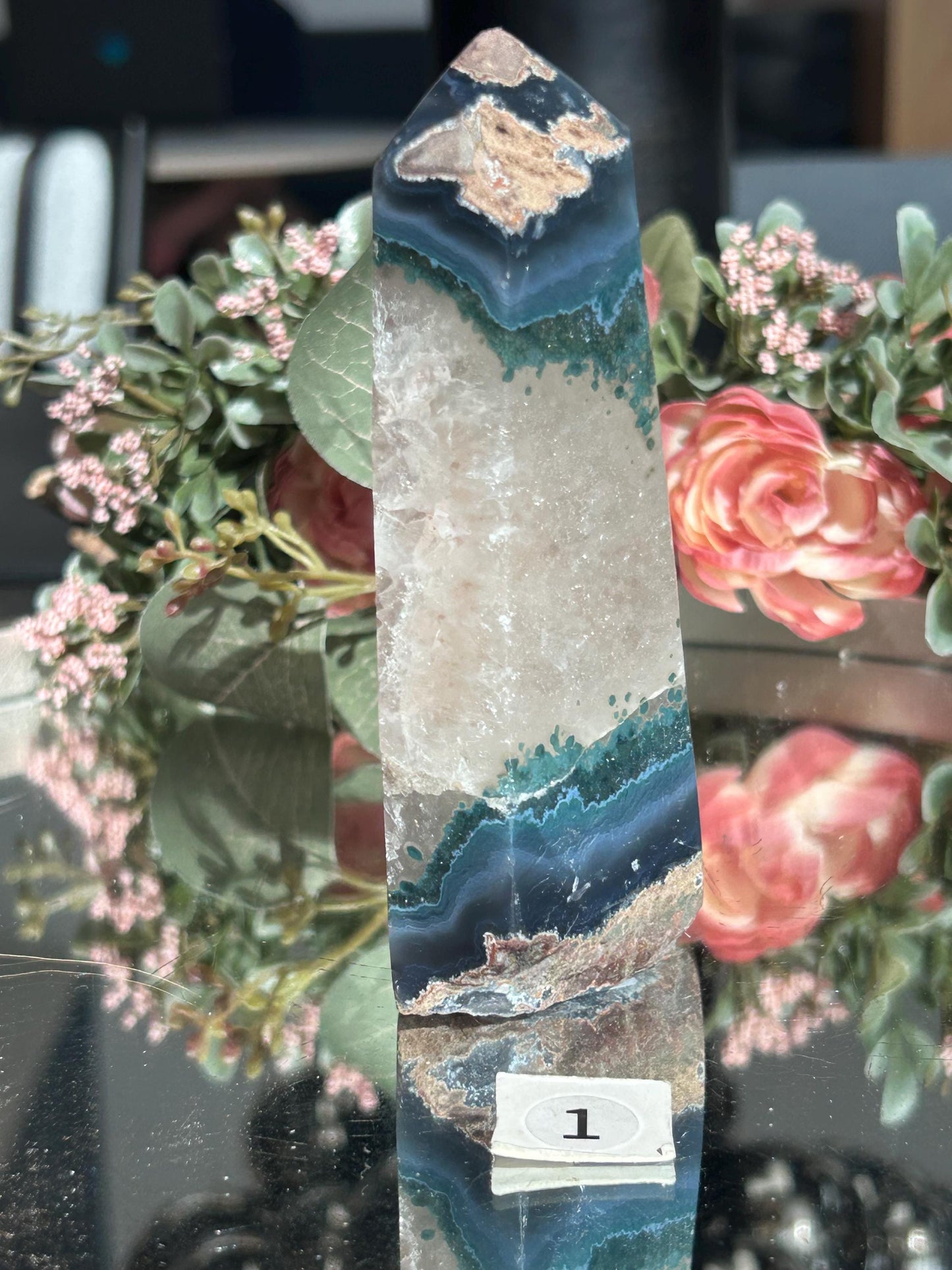 Colorful Druzy Agate Tower, Amethyst Tower with Blue Banding, Druzy Quartz Tower with Green Jasper, Home Decor, Natural Healing Crystal-Cluster/Geode Towers-quartz, agate, amethyst, jasper