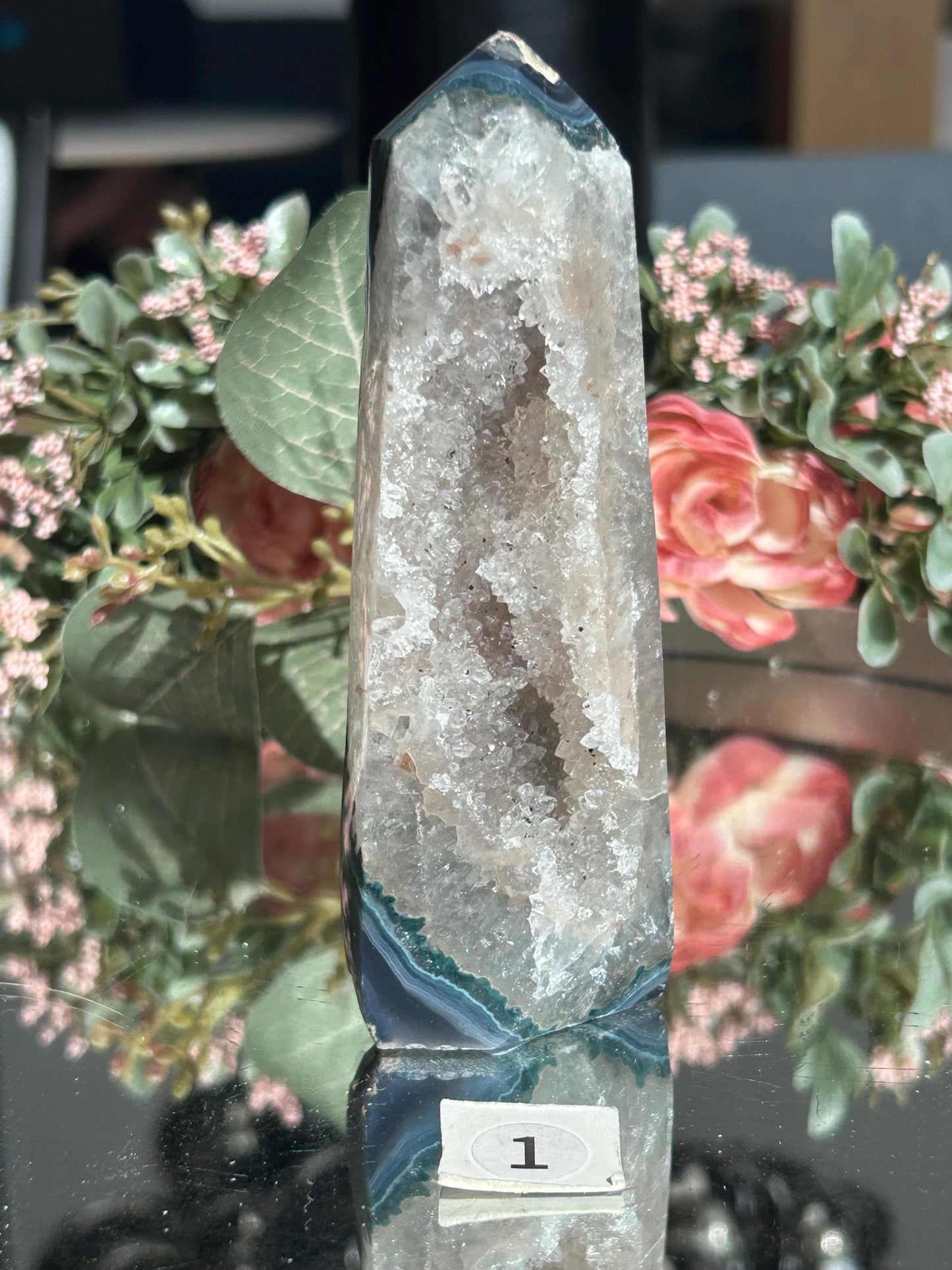 Colorful Druzy Agate Tower, Amethyst Tower with Blue Banding, Druzy Quartz Tower with Green Jasper, Home Decor, Natural Healing Crystal-Cluster/Geode Towers-quartz, agate, amethyst, jasper