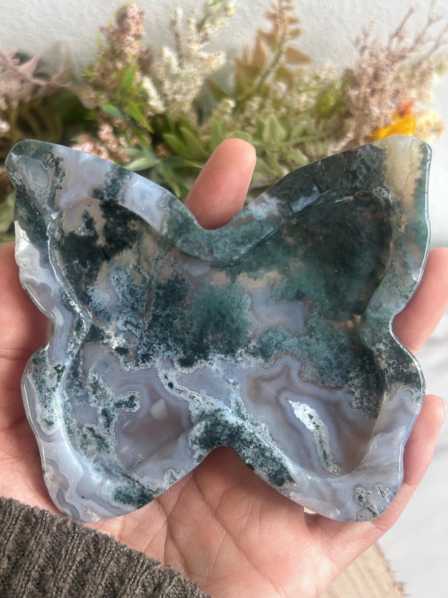 Beautiful Moss Agate Butterfly Bowl | Crystal Bowl | Moss Agate Butterfly | Crystal Gifts | Natural Healing Crystals | Moss Agate Dish-Bowls, Mini Dishes-Moss Agate