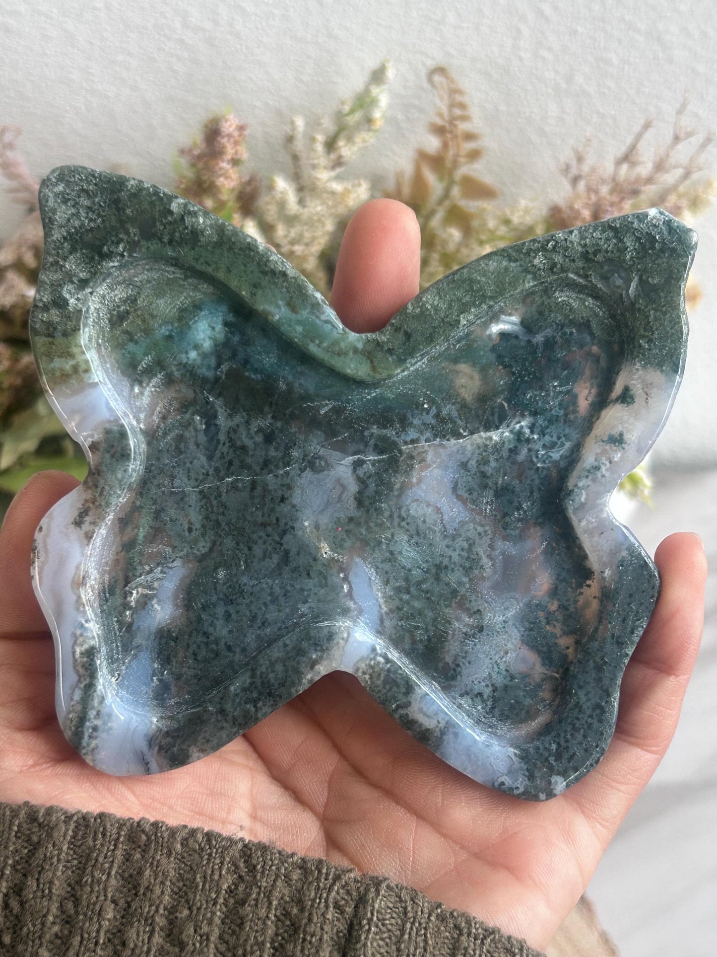 Beautiful Moss Agate Butterfly Bowl | Crystal Bowl | Moss Agate Butterfly | Crystal Gifts | Natural Healing Crystals | Moss Agate Dish-Bowls, Mini Dishes-Moss Agate