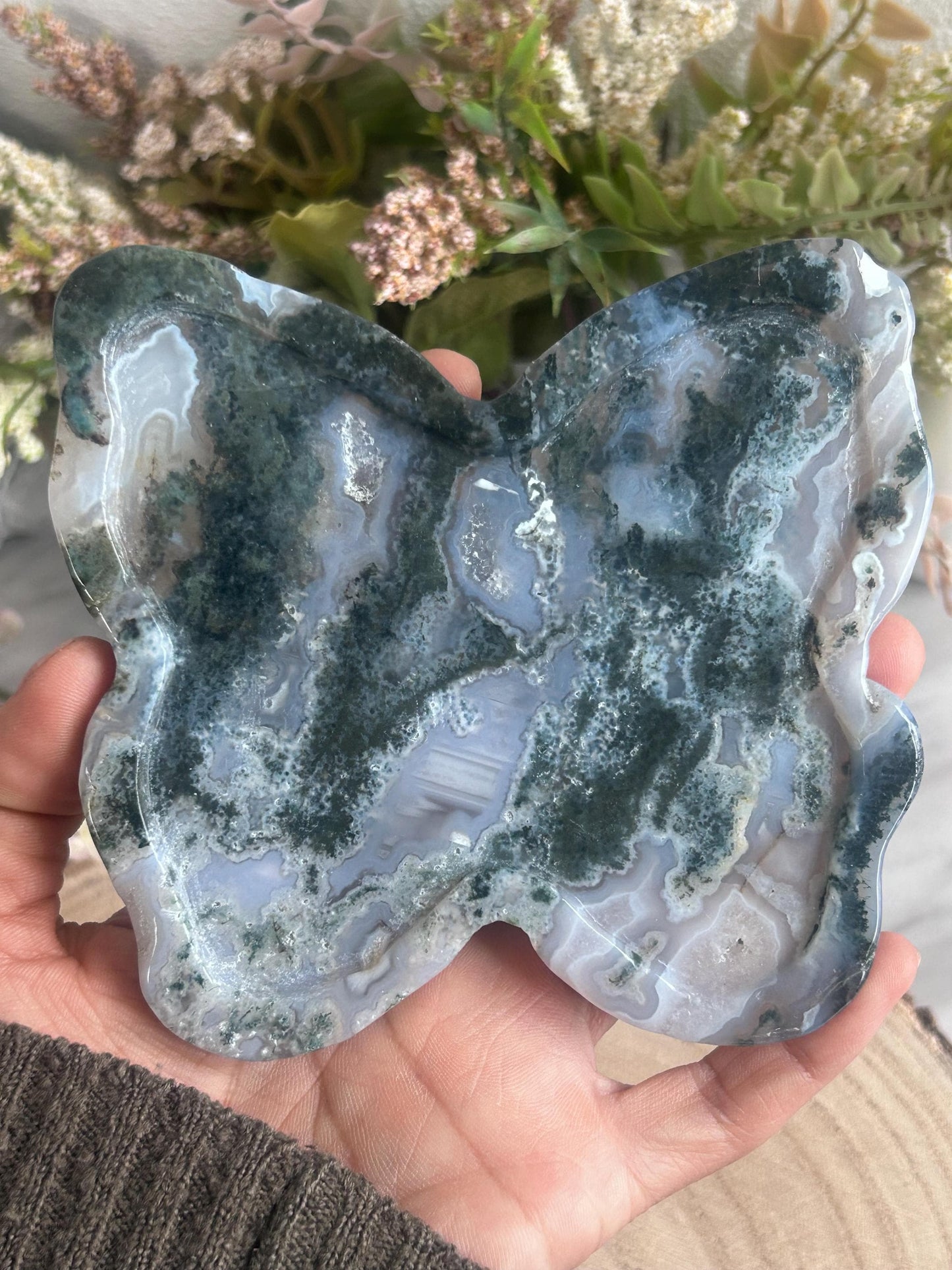 Beautiful Moss Agate Butterfly Bowl | Crystal Bowl | Moss Agate Butterfly | Crystal Gifts | Natural Healing Crystals | Moss Agate Dish-Bowls, Mini Dishes-Moss Agate