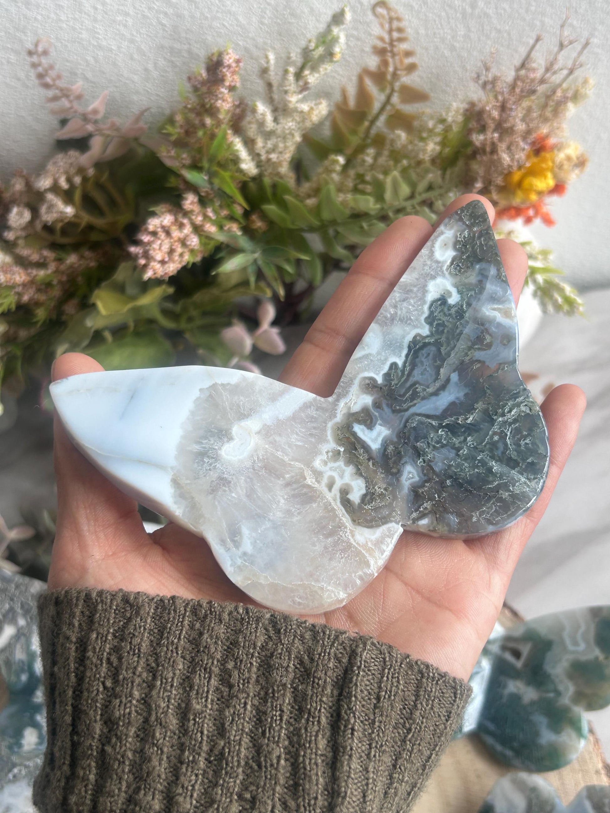 Beautiful Moss Agate 3D Butterfly | Crystal Butterfly | Druzy Moss Agate Carving | Crystal Gift | Healing Crystal | Moss Agate Quartz-Crystal Carvings-Moss Agate