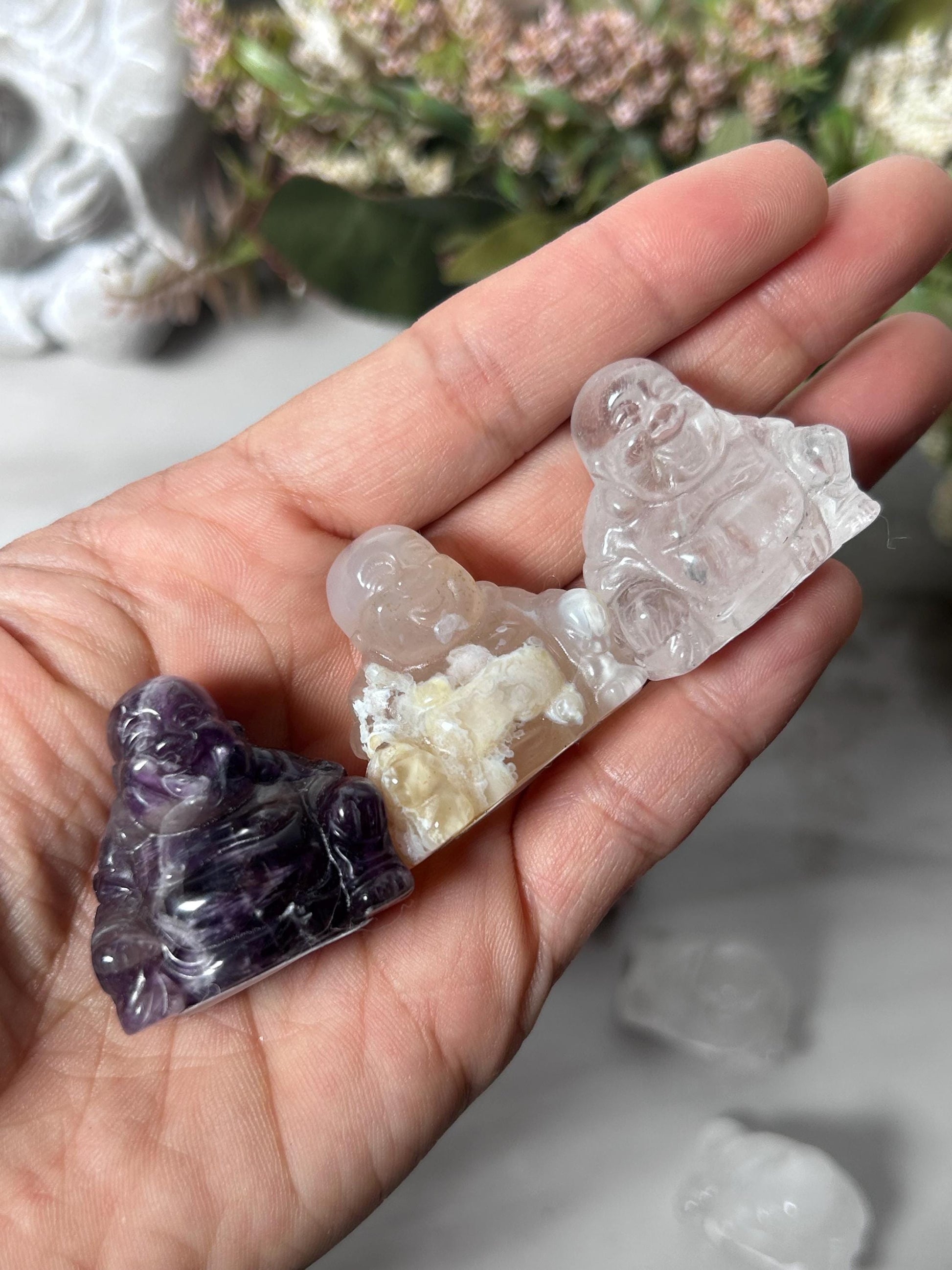 Crystal Buddha Carving | Lucky Laughing Buddha | Happy Buddha | Amethyst Buddha | Clear Quartz Buddha | Flower Agate Buddha-Crystal Carvings-amethyst, clear quartz, flower agate