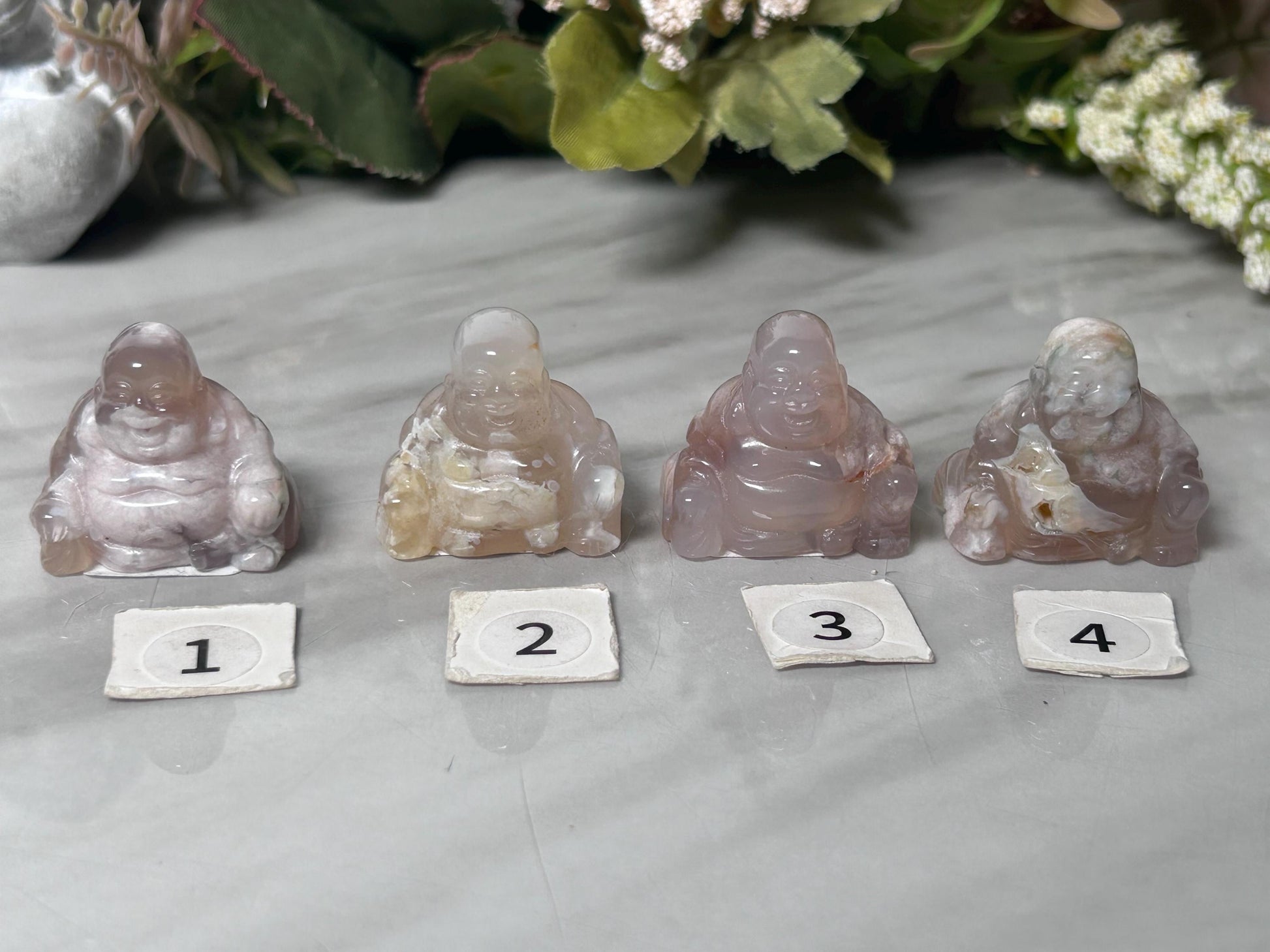 Crystal Buddha Carving | Lucky Laughing Buddha | Happy Buddha | Amethyst Buddha | Clear Quartz Buddha | Flower Agate Buddha-Crystal Carvings-amethyst, clear quartz, flower agate