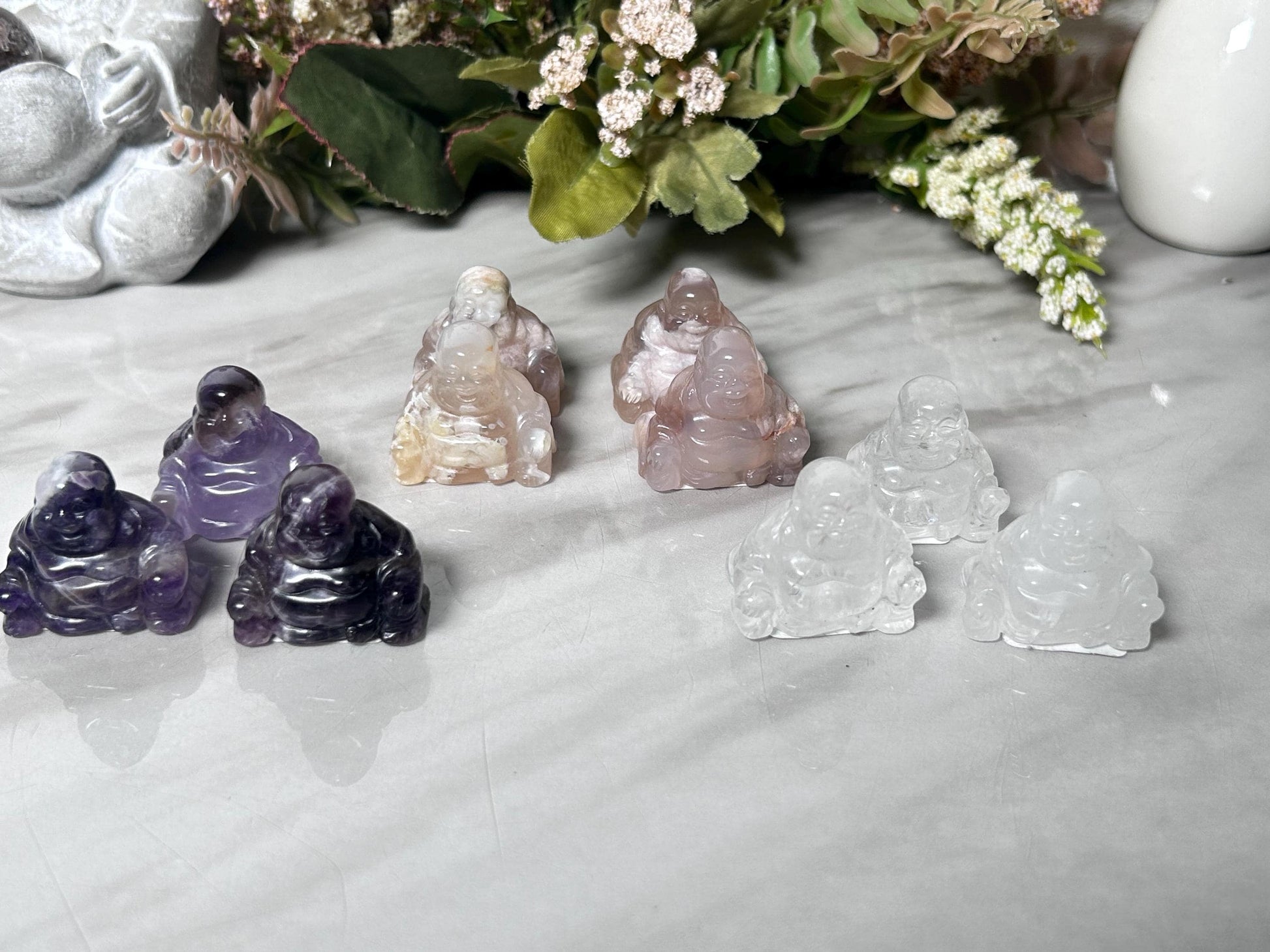 Crystal Buddha Carving | Lucky Laughing Buddha | Happy Buddha | Amethyst Buddha | Clear Quartz Buddha | Flower Agate Buddha-Crystal Carvings-amethyst, clear quartz, flower agate