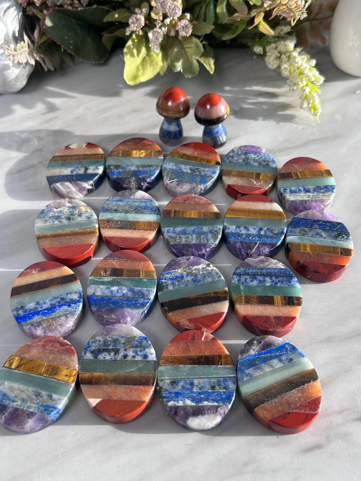 7 Chakra Smooth Palm Pocket Stone | Chakra Polished Mushroom | Healing Crystals Reiki Chakra Gift | Crystal Gift | Crystal Mushroom-Tumbles, Palm Stones-