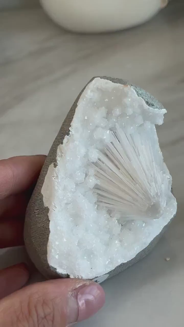 Scolecite Spray inside quartz geode | Natural Scolecite Geode | Fine Scolecite with Heulandite | Natural Crystal Healing | Crystal Gifts