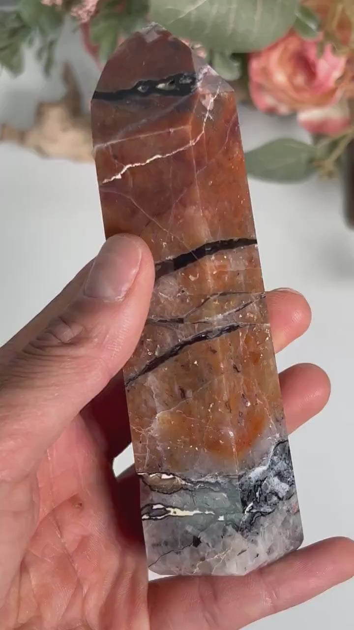 Large Stunning Mosaic Chalcedony Quartz Tower, with Feldspar & Calcite | Natural Healing Crystal | Home Decor | Mosaic Chalcedony Quartz