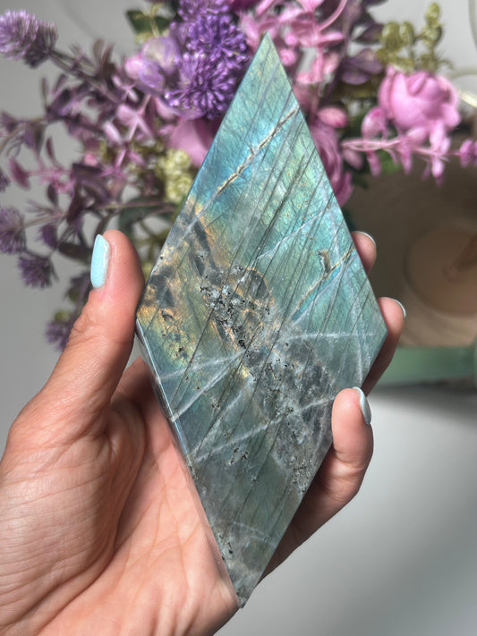 Flashy Labradorite Diamond On Stand 111