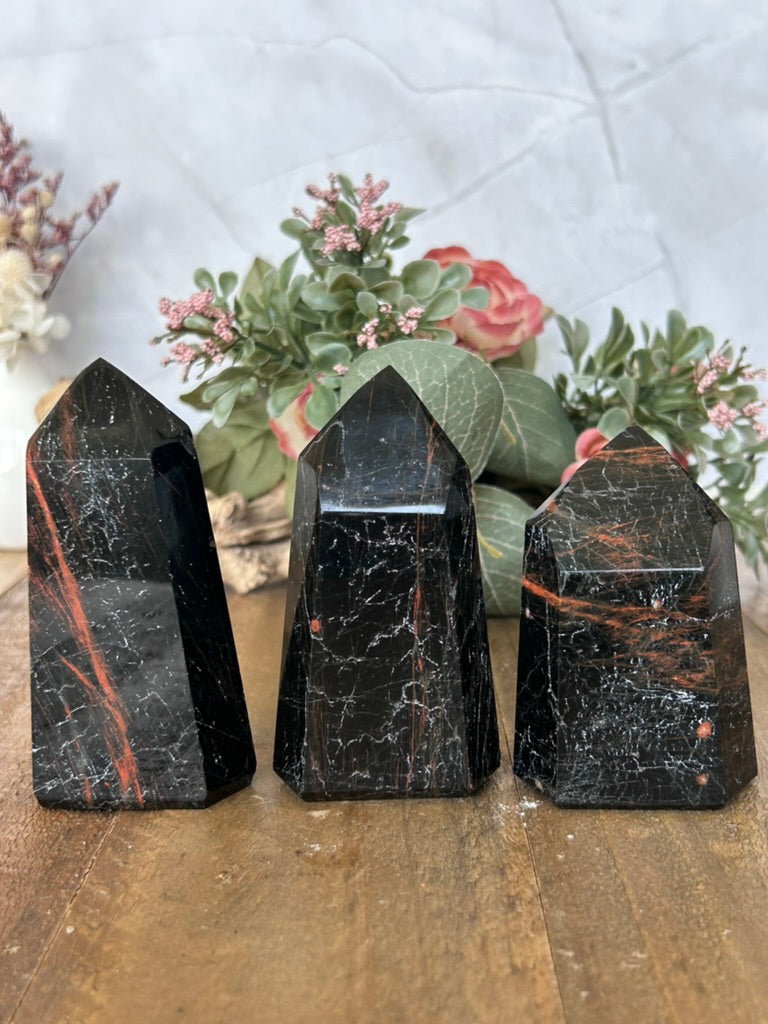 Black Tourmaline Tower with Hematite 42a, 39a, 38a