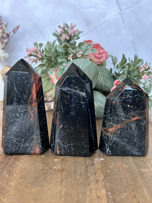 Black Tourmaline Tower with Hematite 42a, 39a, 38a
