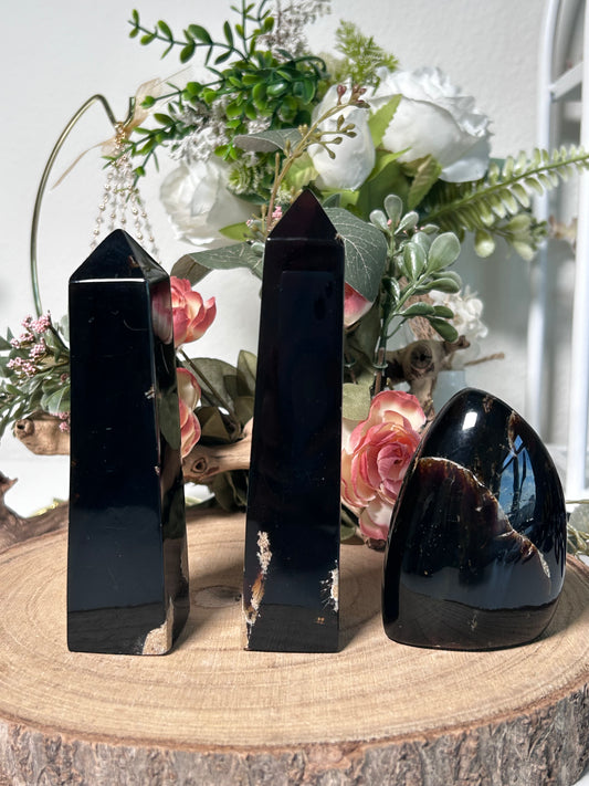 Indonesian Blue Amber Tower & Freeform 69, 66, 68