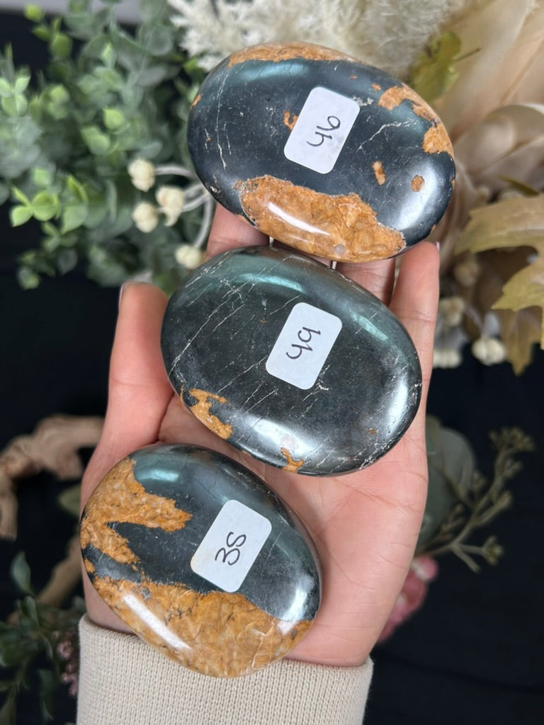 Golden Healer Hematite Palm Stone 35, 49, 46