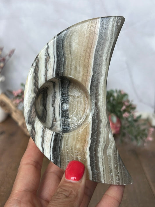 Zebra Calcite Moon Candle Holder 48b
