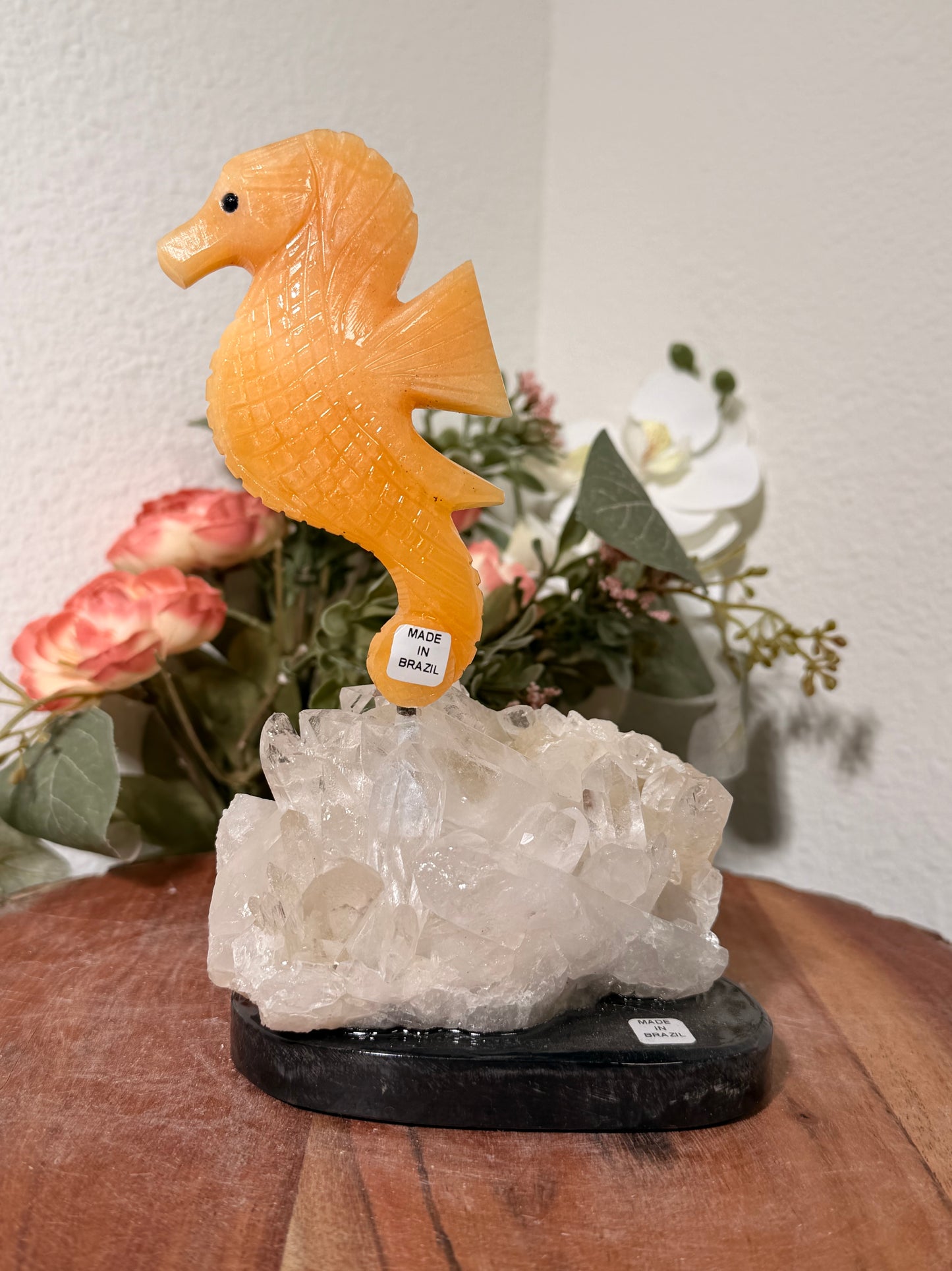 Orange Calcite Seahorse on quartz