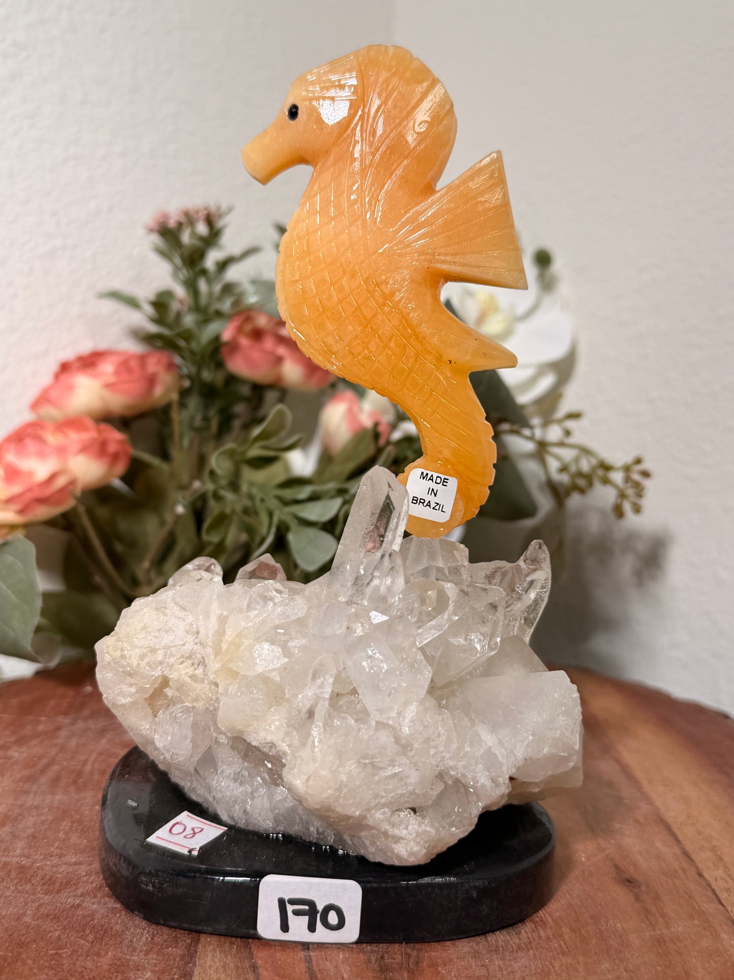 Orange Calcite Seahorse on quartz