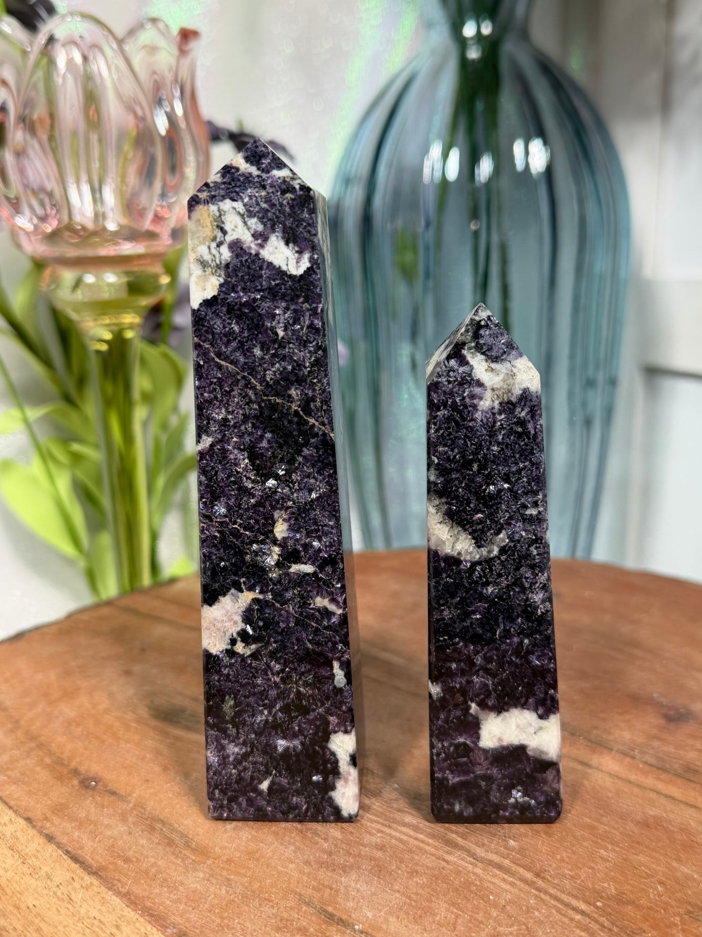 Dark lepidolite with pink tourmaline towers
