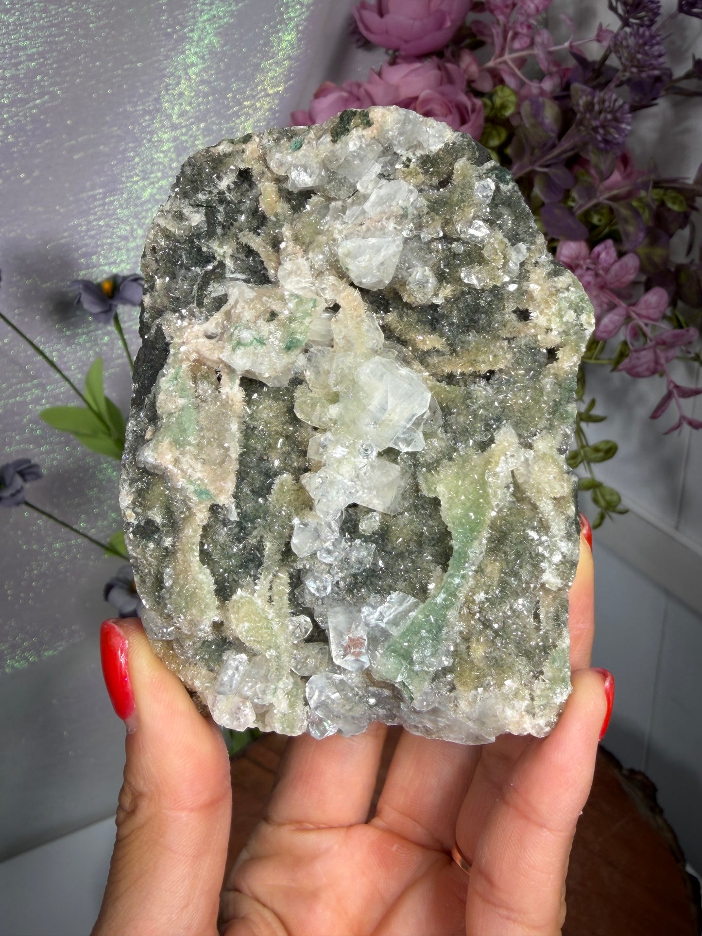 Apophyllite on coated calcite crystal cluster
