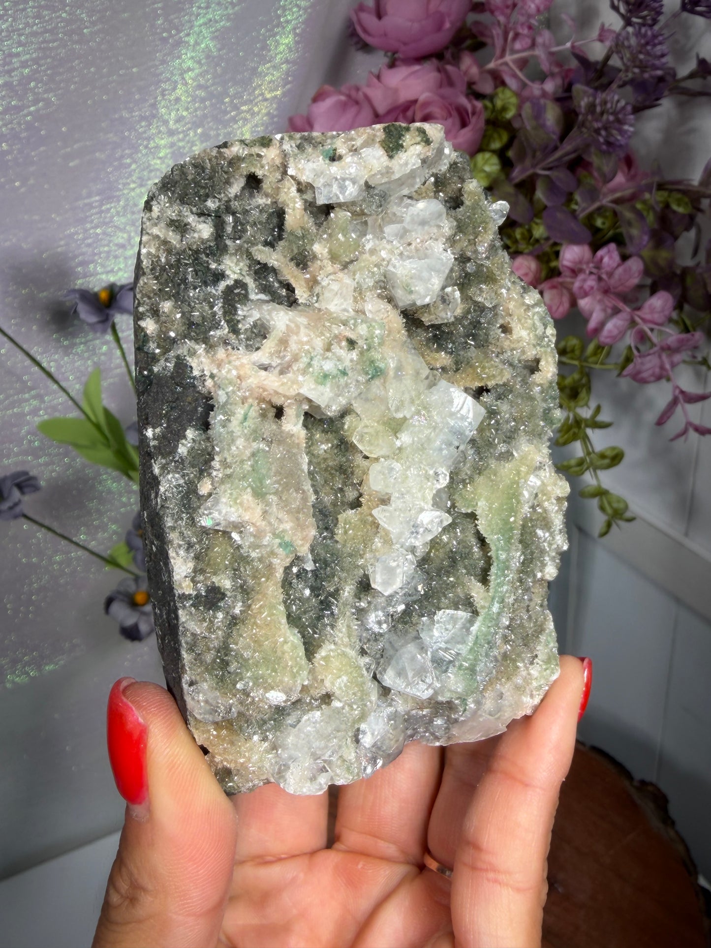 Apophyllite on coated calcite crystal cluster