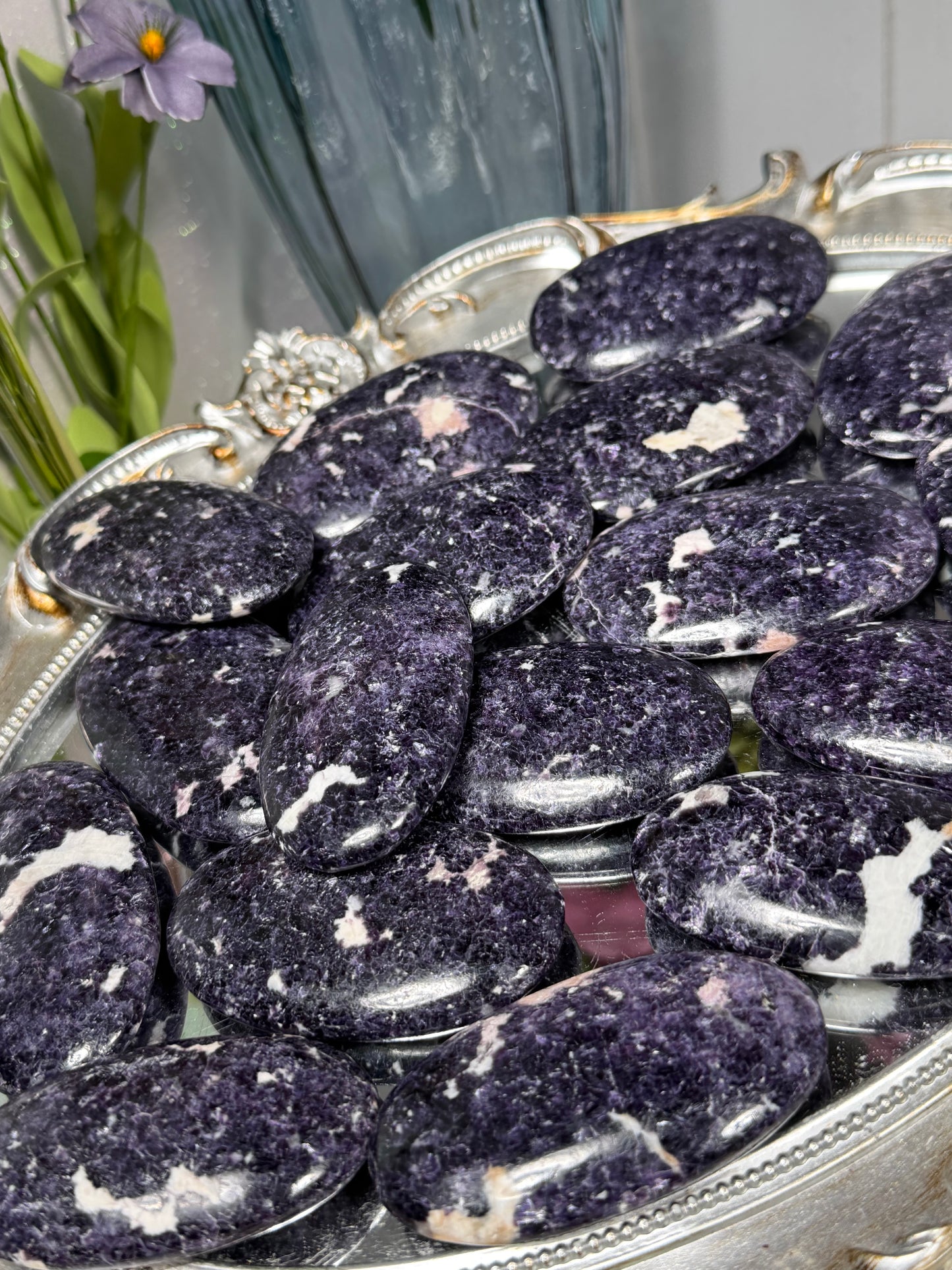 Dark lepidolite with pink tourmaline palms