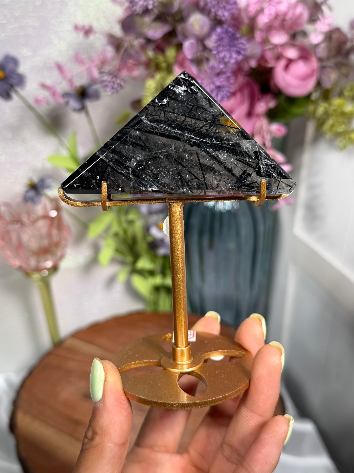 Black tourmaline in quartz with custom gold stand