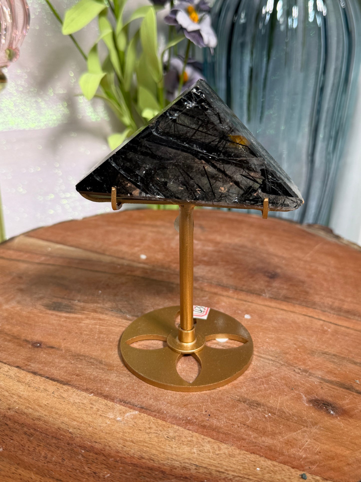 Black tourmaline in quartz with custom gold stand