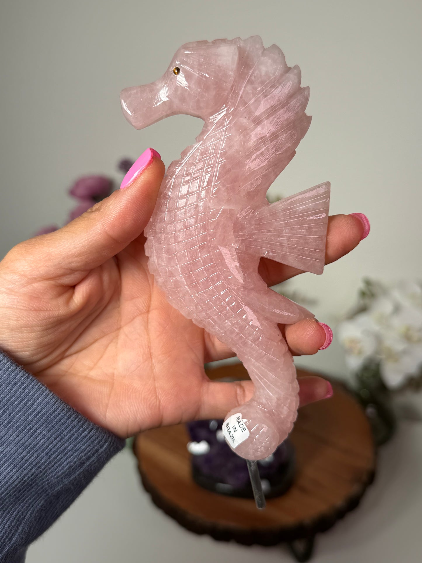 Amethyst geode with Rose Quartz Seahorse