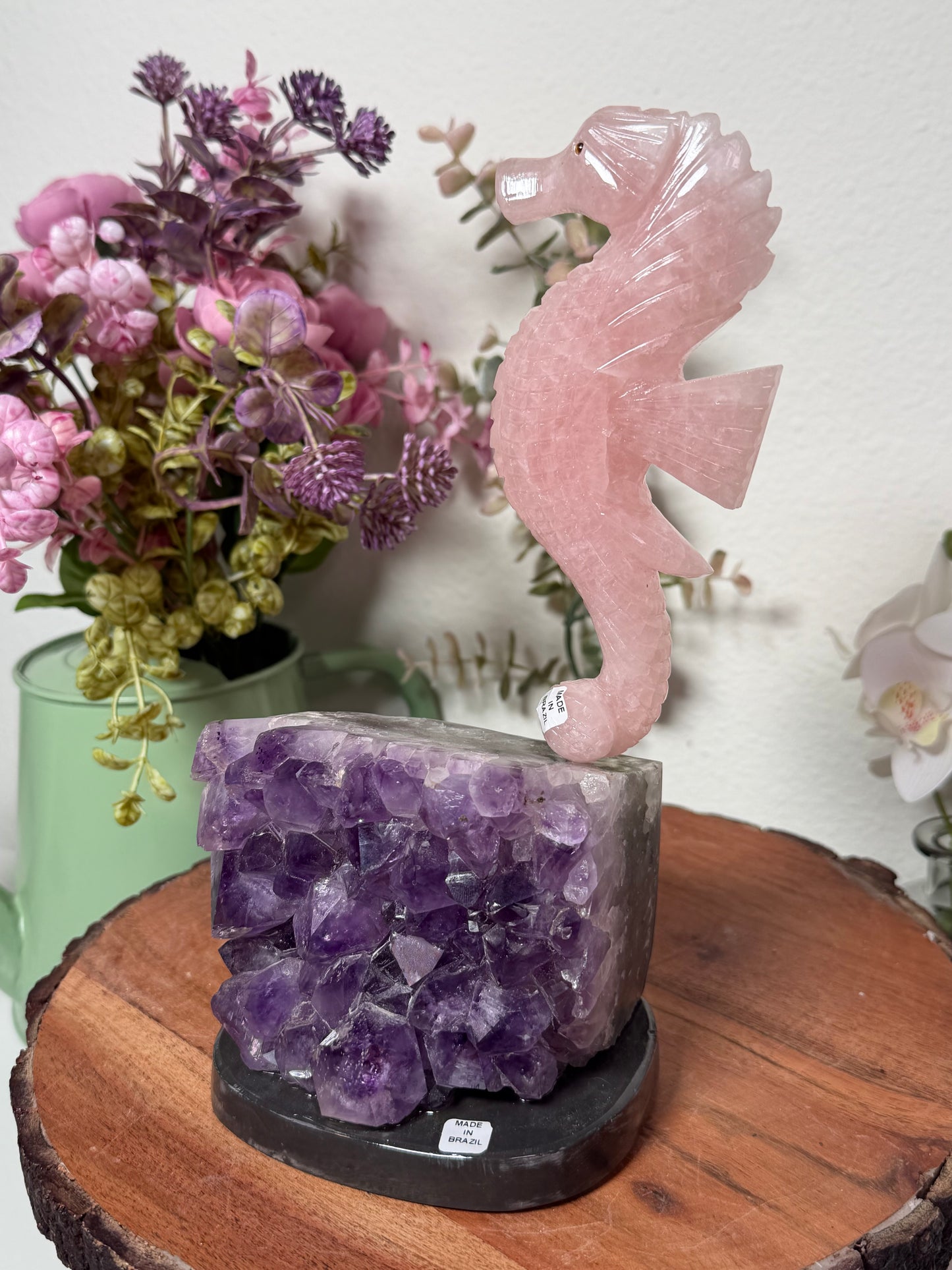 Amethyst geode with Rose Quartz Seahorse
