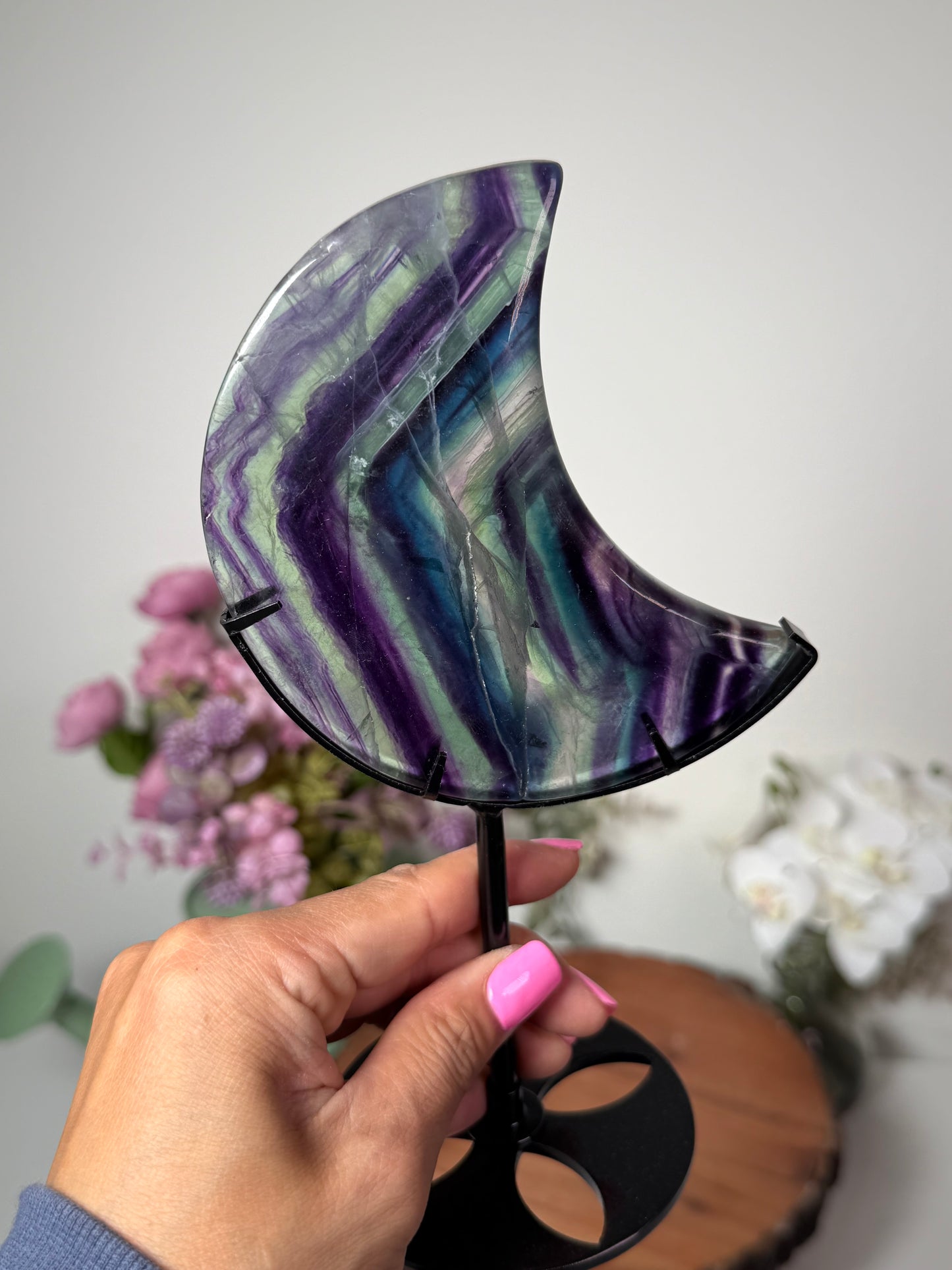 Rainbow Fluorite Moon on Custom Stand 54